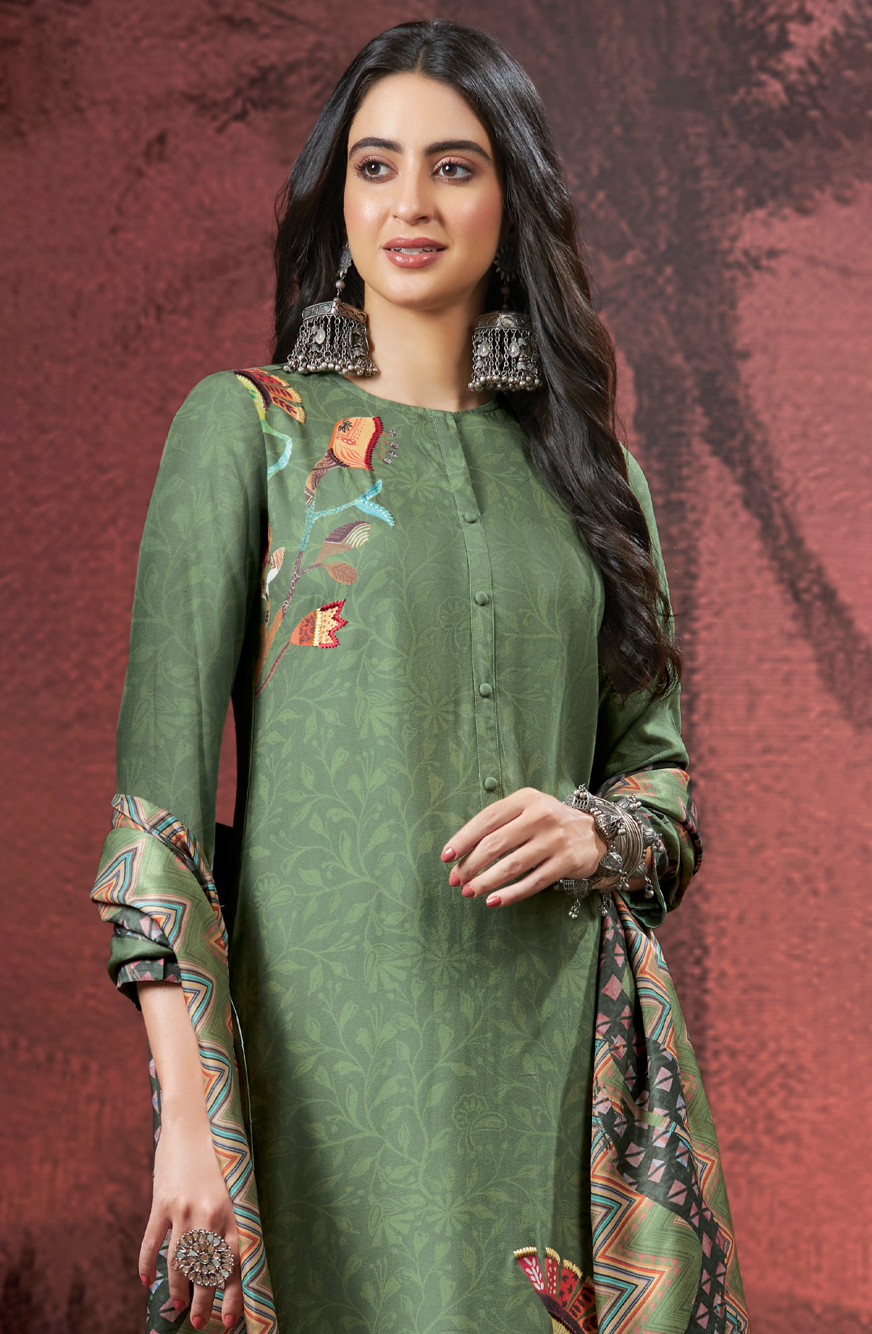 Bottle Green Pashmina Digital Printed Winter Wear Salwar Kameez - SAM4285