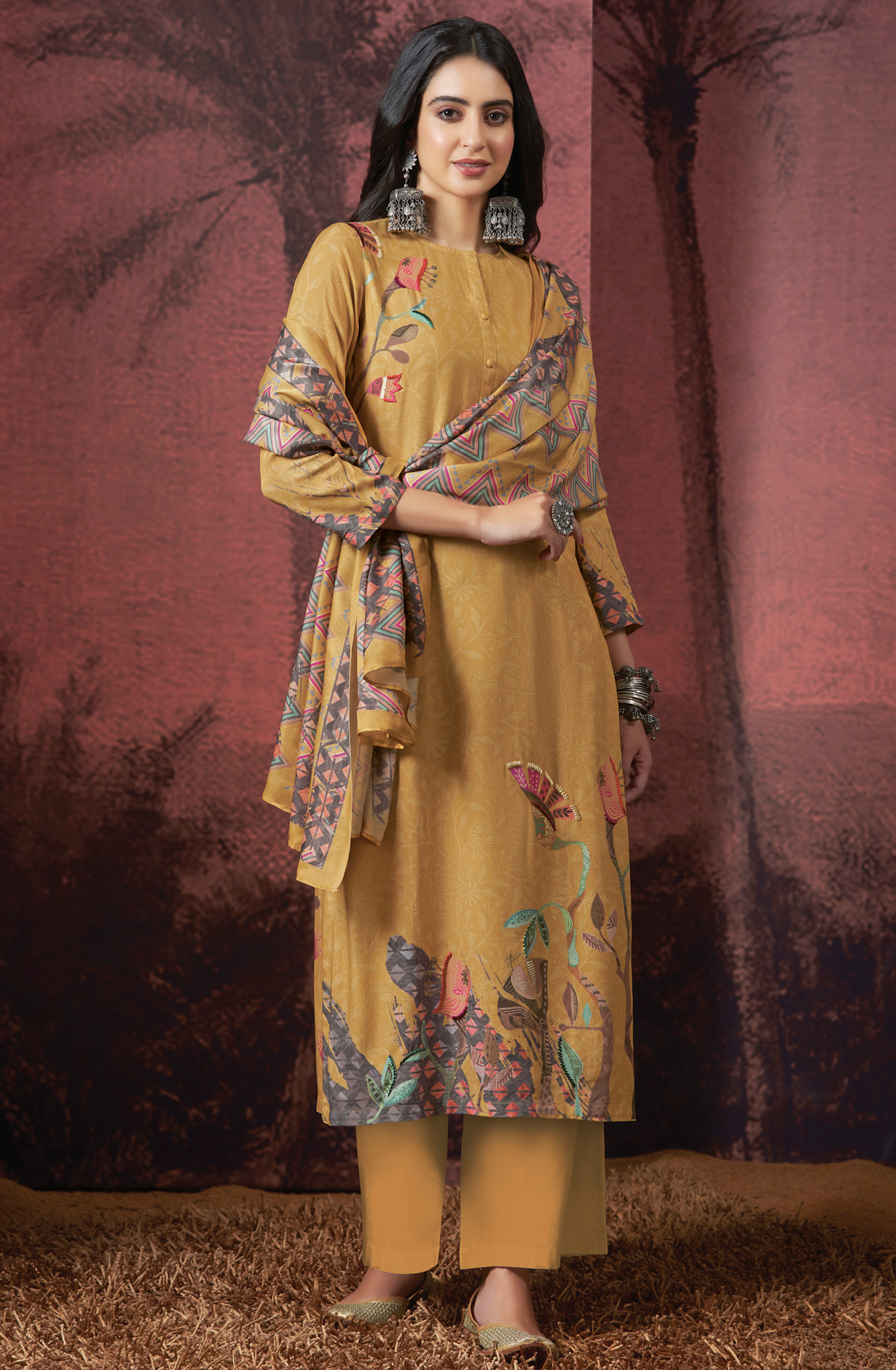 Mustard Yellow Pashmina Digital Printed Winter Wear Salwar Kameez - SAM4288