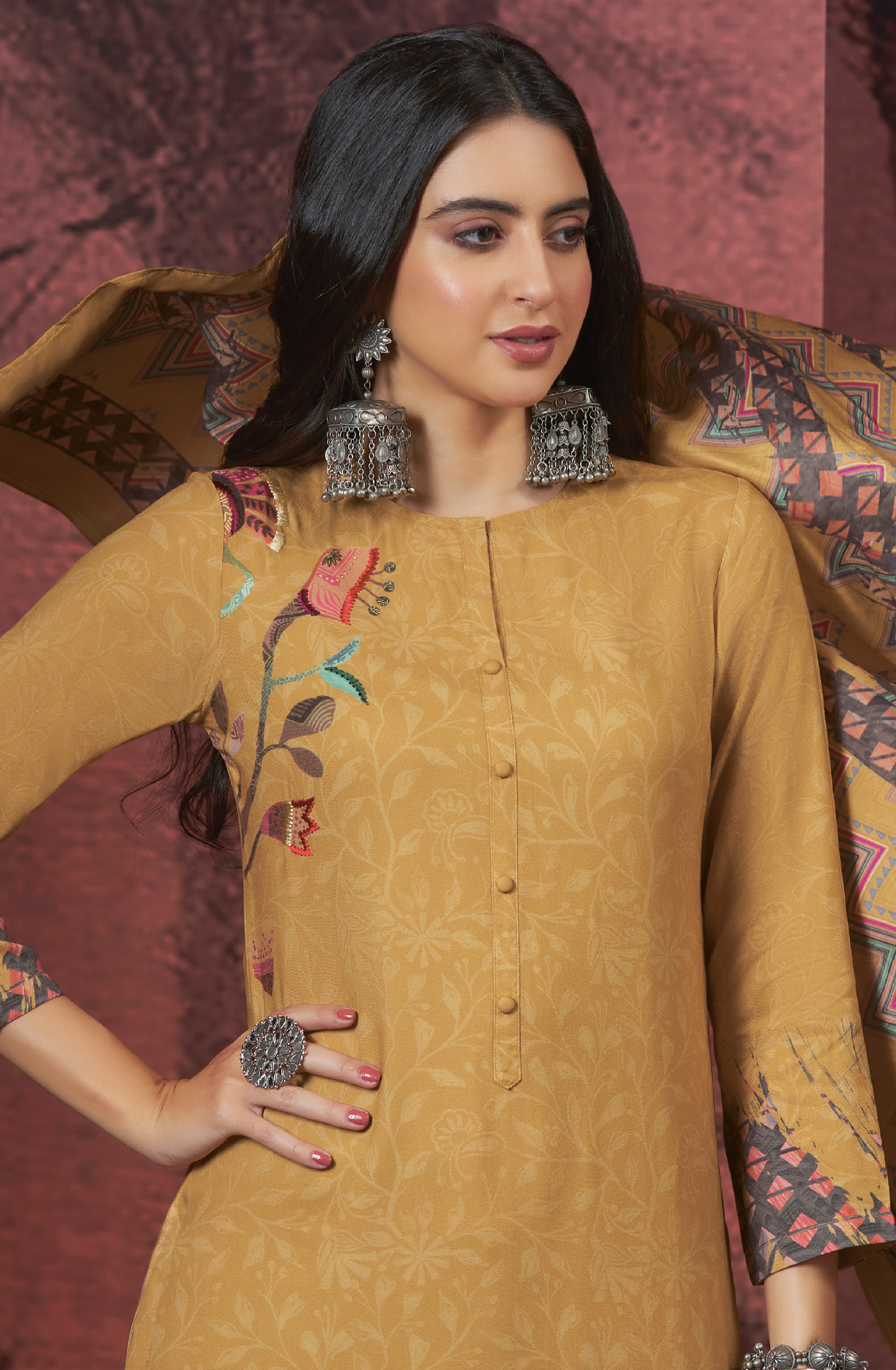 Mustard Yellow Pashmina Digital Printed Winter Wear Salwar Kameez - SAM4288