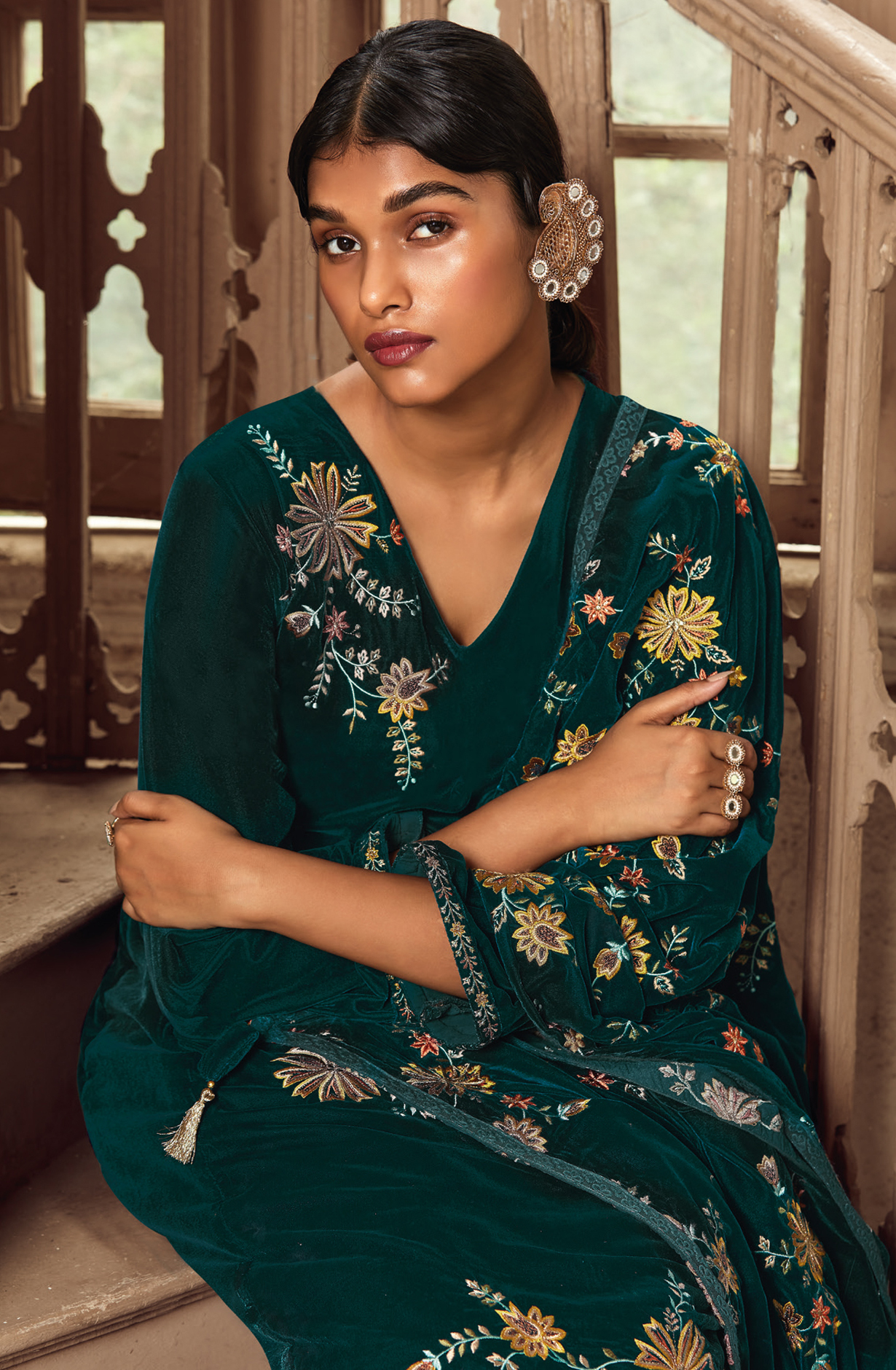 Teal Luxe Velvet Designer Embroidered Salwar Kameez - SAMC1576