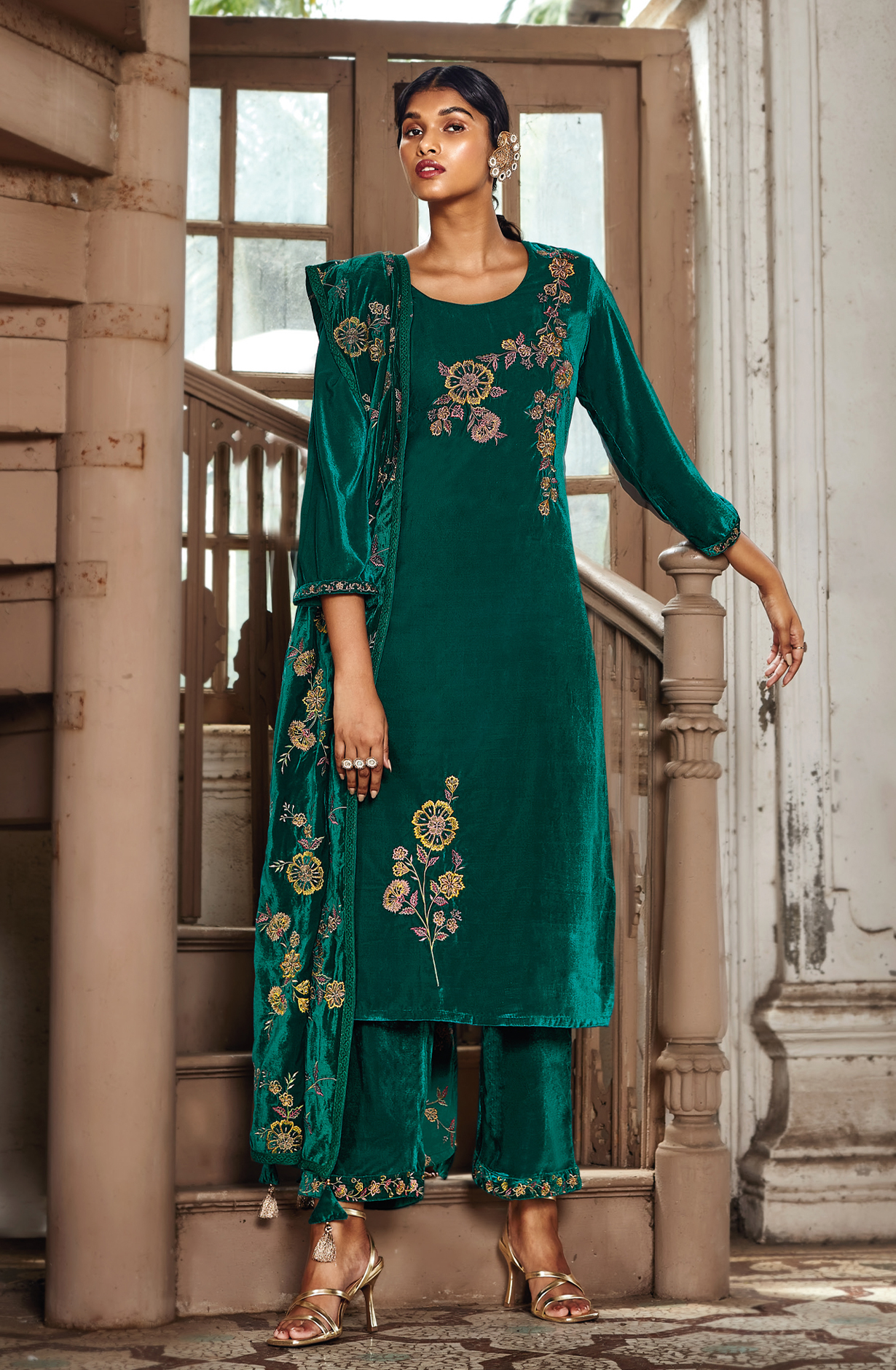Firozi Luxe Velvet Designer Embroidered Salwar Kameez - SAMC1578