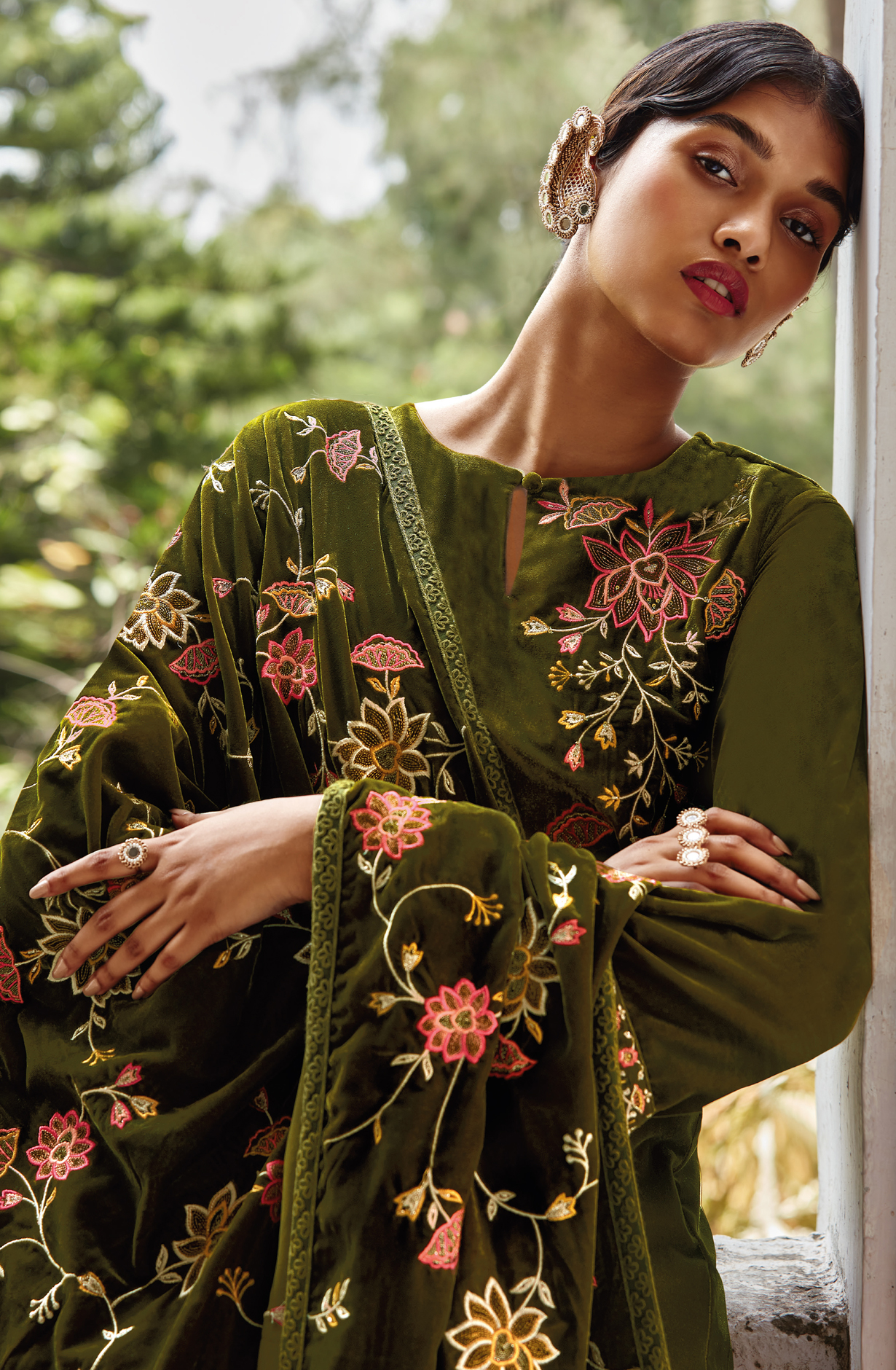 Mehndi Green Luxe Velvet Designer Embroidered Salwar Kameez - SAMC1579