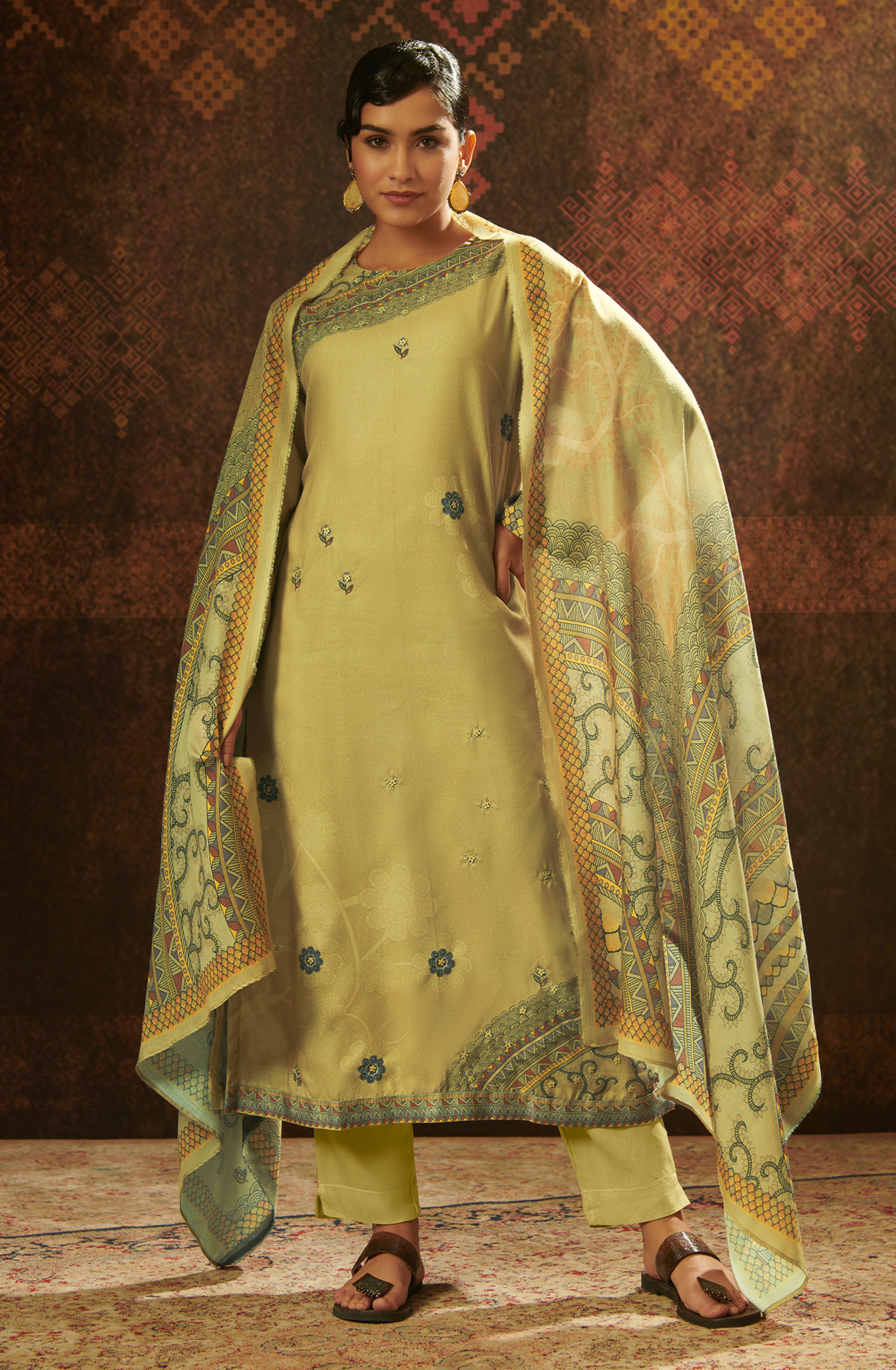 Mehndi Green Pashmina Unstitched Salwar Kameez - SAN187