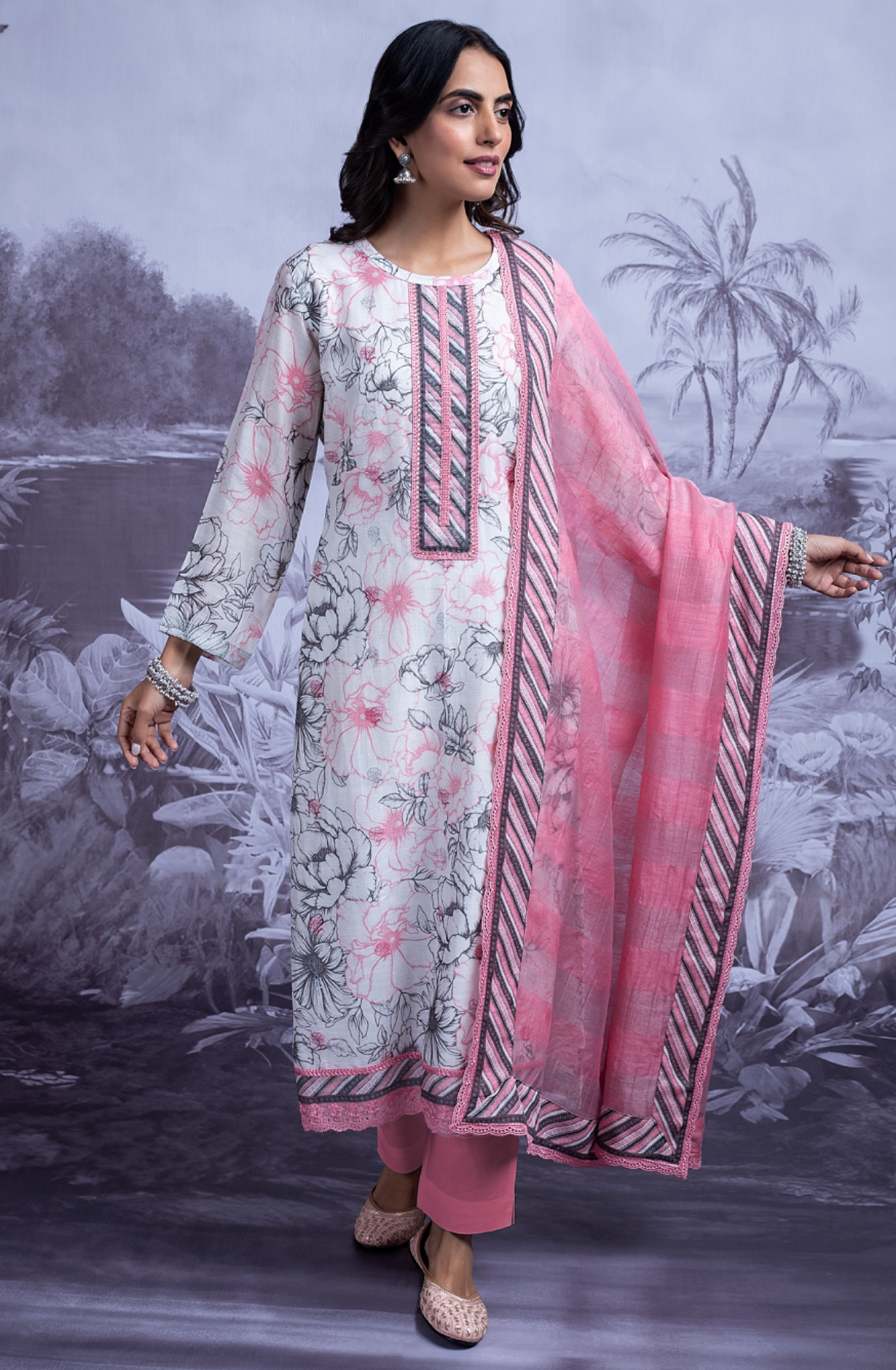 Pink Linen Jacquard Printed Suit with Dupatta - SAN2490A