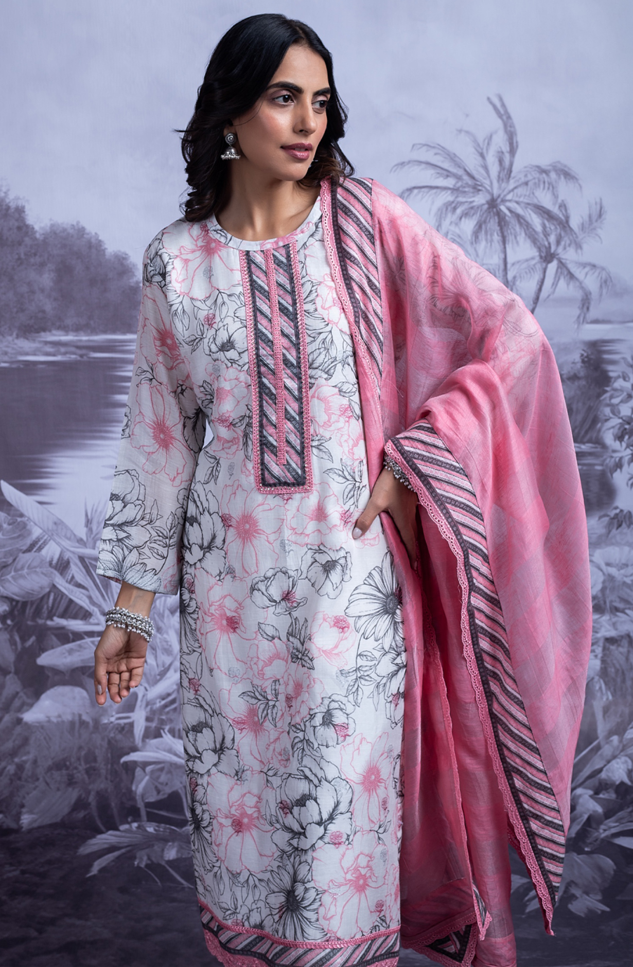 Pink Linen Jacquard Printed Suit with Dupatta - SAN2490A