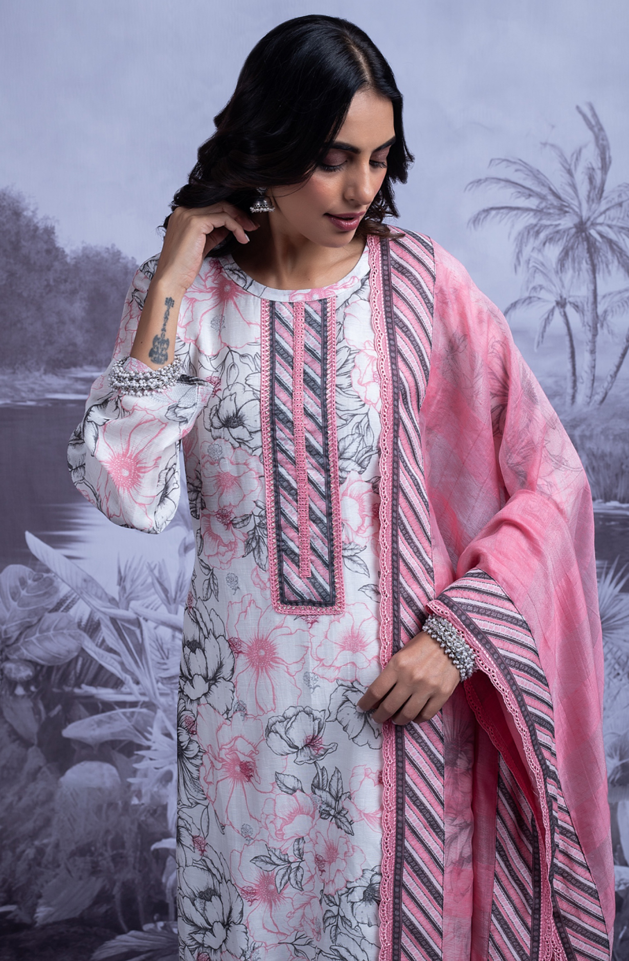 Pink Linen Jacquard Printed Suit with Dupatta - SAN2490A