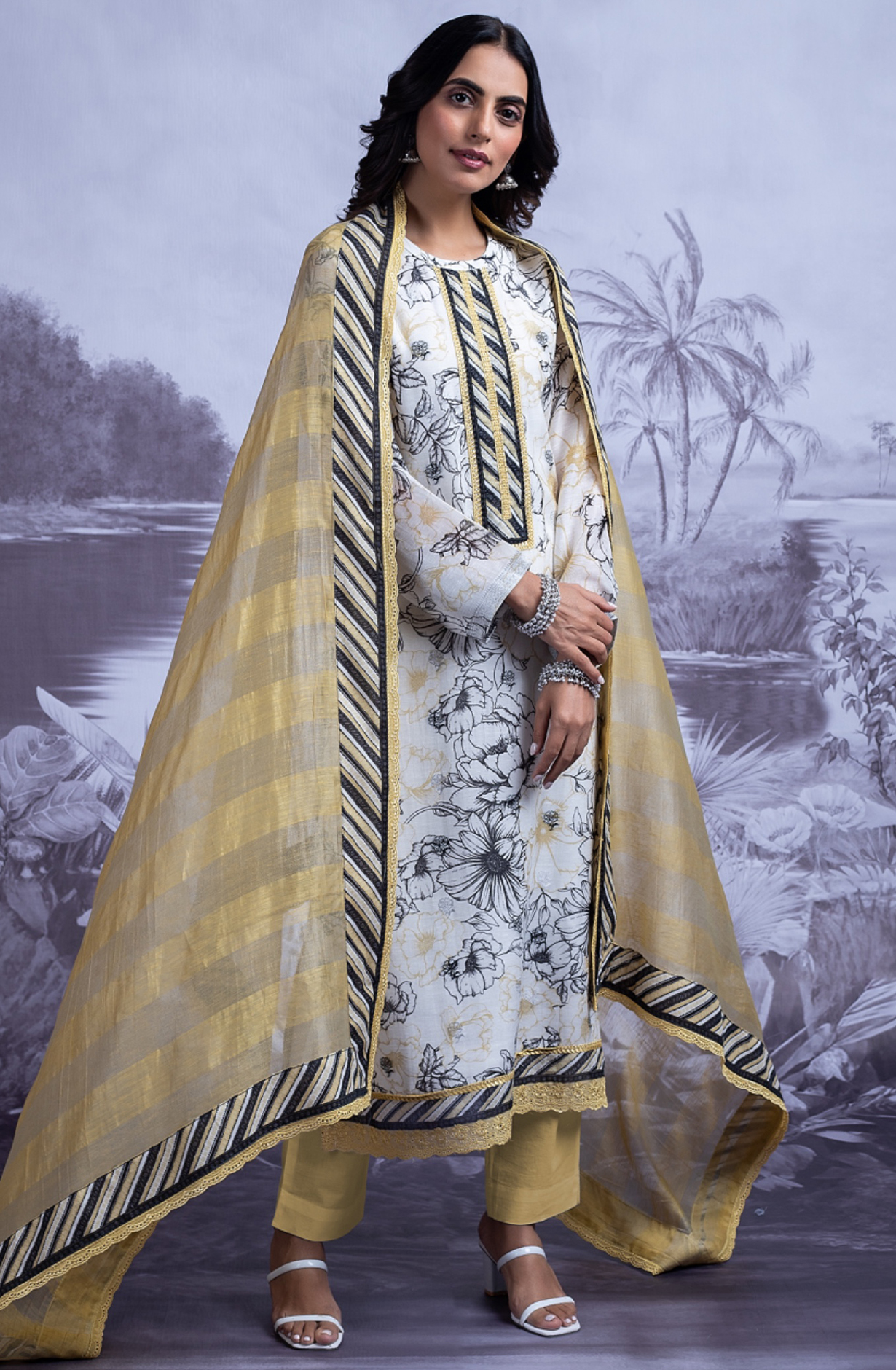 Mustard Linen Jacquard Printed Suit with Dupatta - SAN2490B