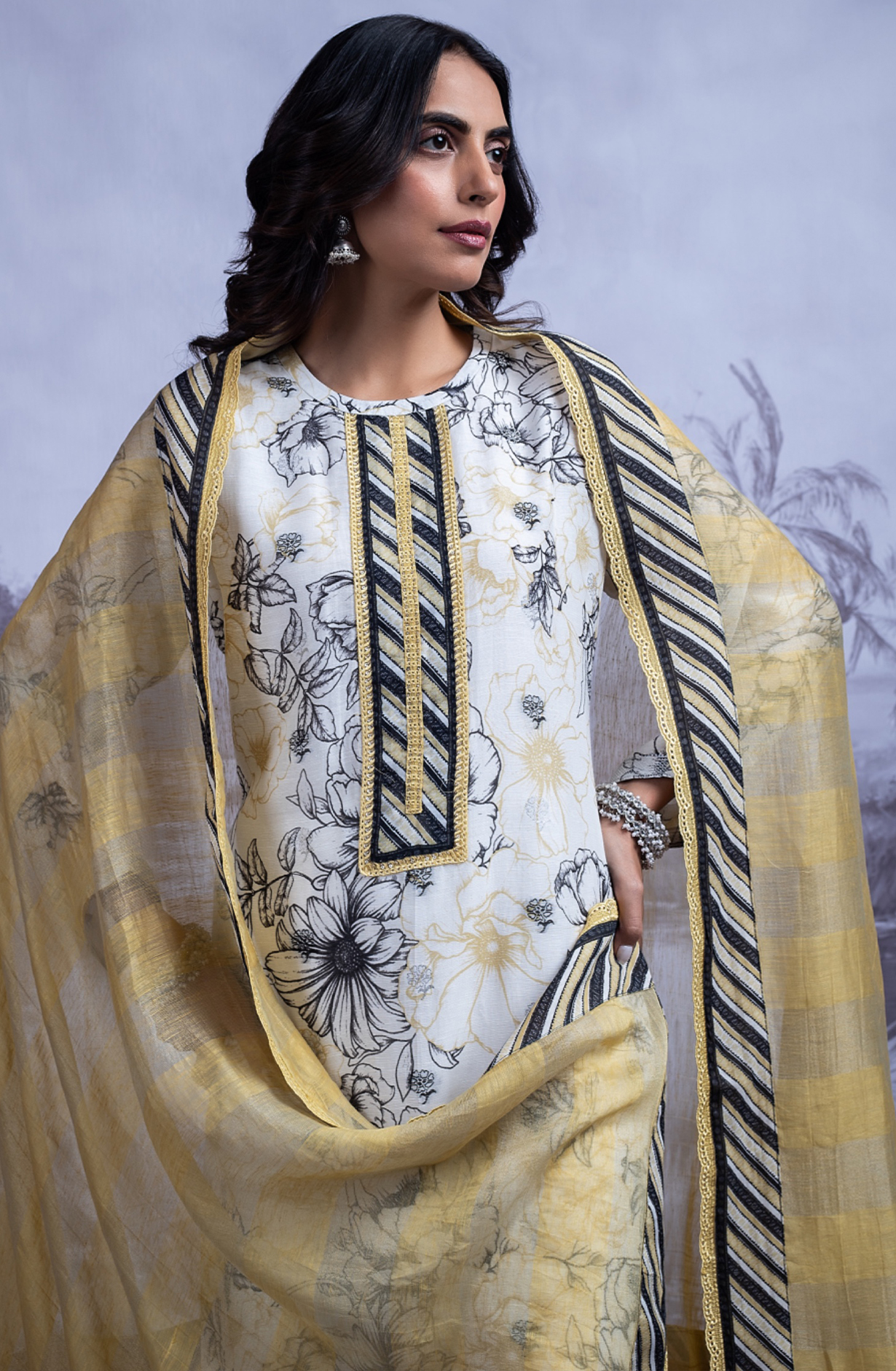 Mustard Linen Jacquard Printed Suit with Dupatta - SAN2490B