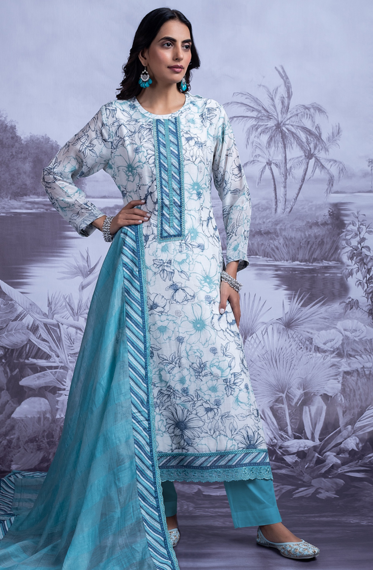 Firozi Linen Jacquard Printed Suit with Dupatta - SAN2490C