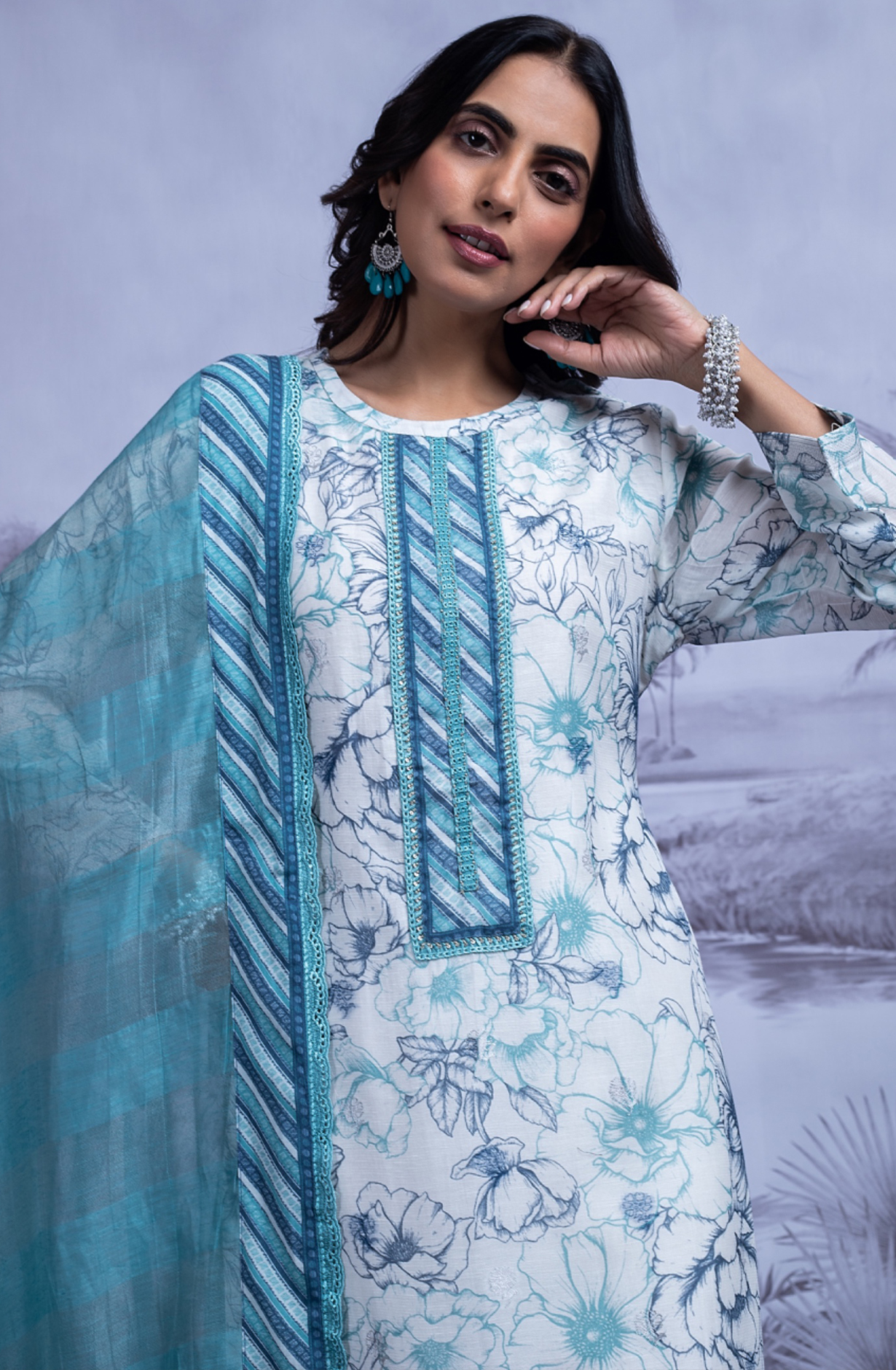 Firozi Linen Jacquard Printed Suit with Dupatta - SAN2490C