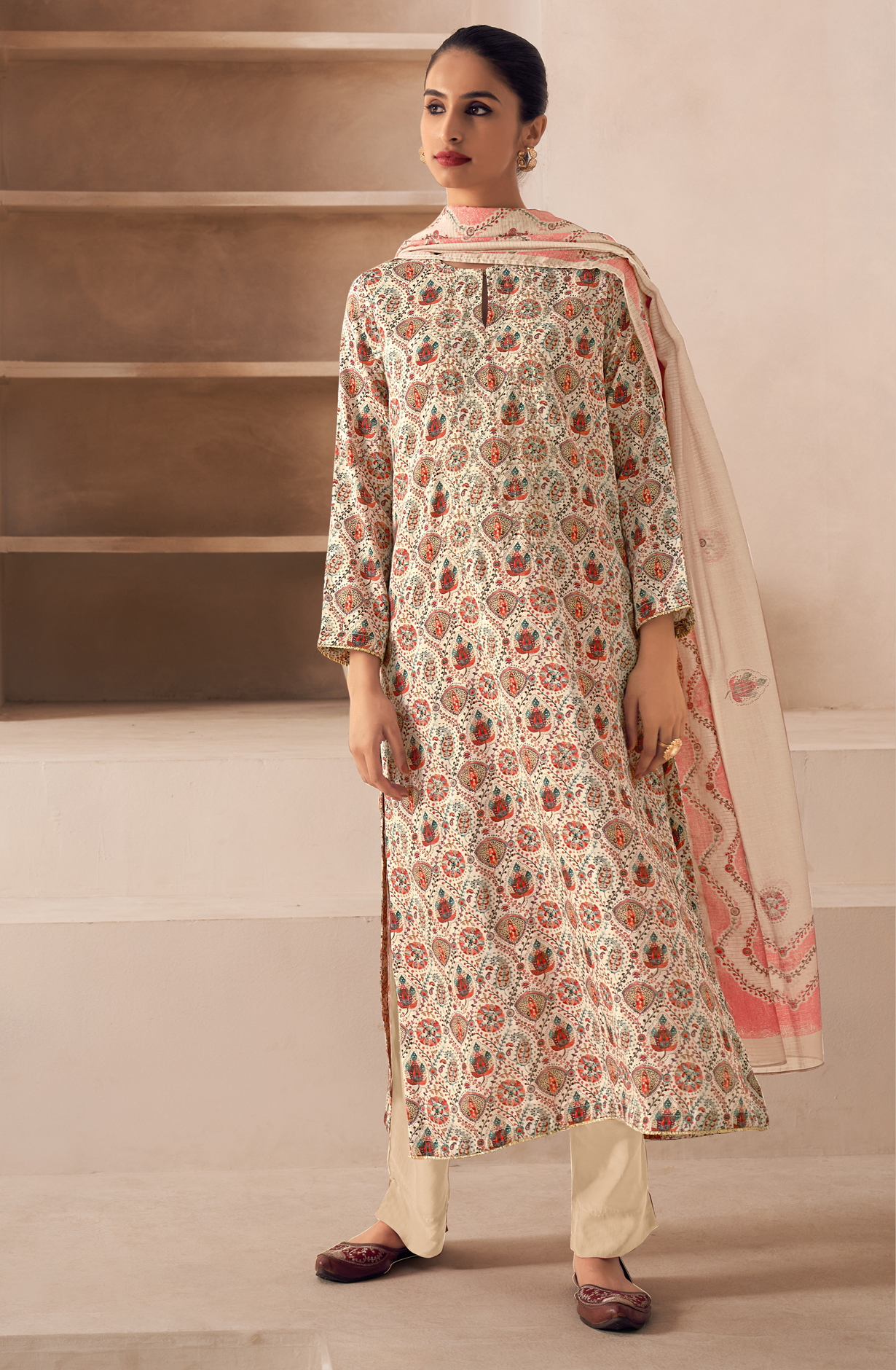 Beige Cotton Unstitched Digital Printed Salwar Kameez - SAN324A