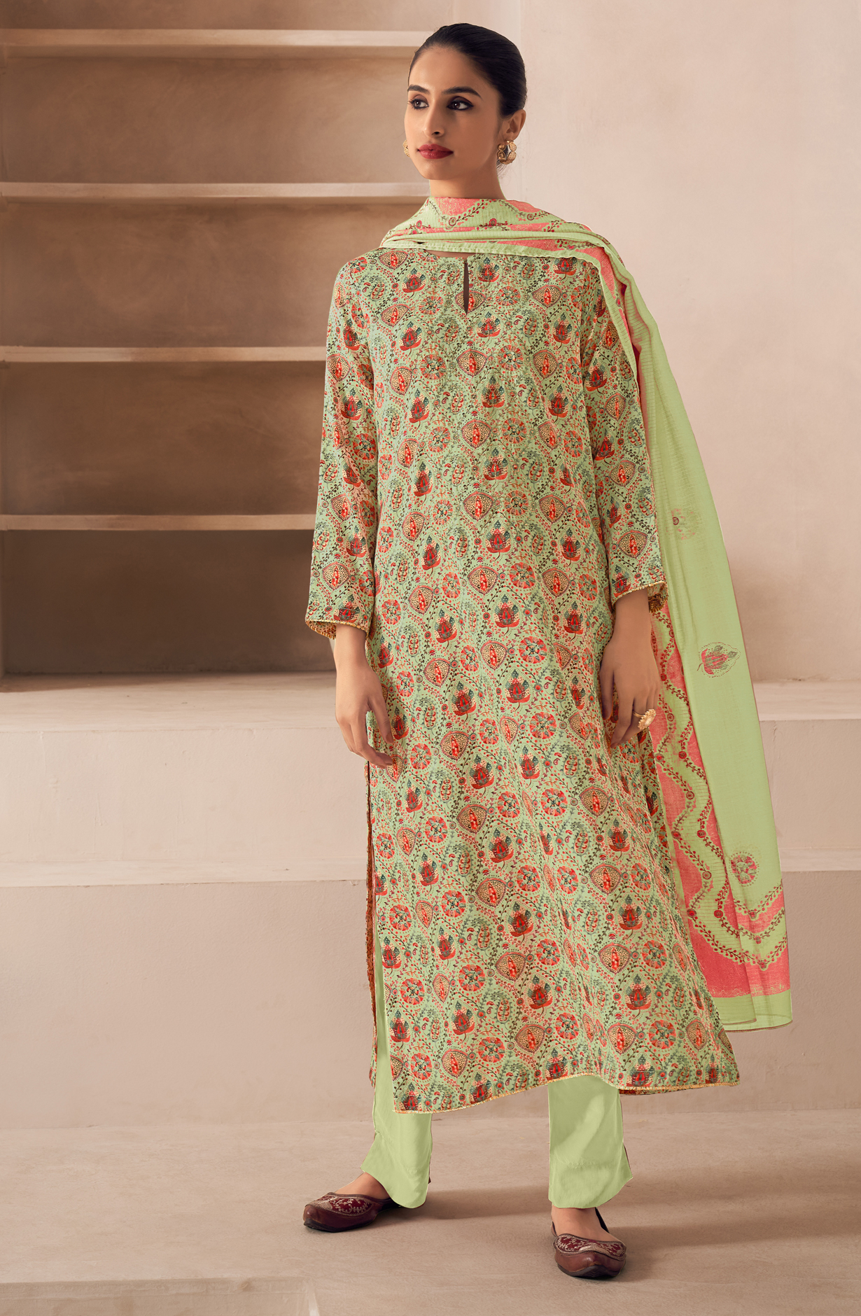 Pista Green Cotton Unstitched Digital Printed Salwar Kameez - SAN324B