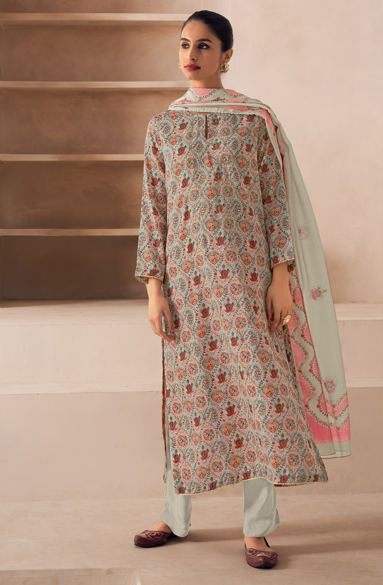 Grey Cotton Unstitched Digital Printed Salwar Kameez - SAN324C