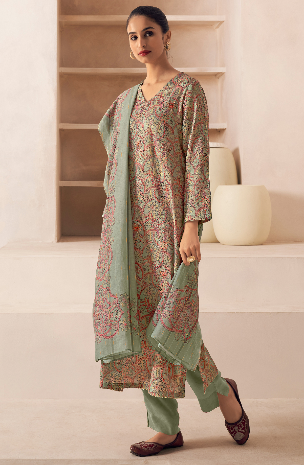 Pastel Green Cotton Unstitched Digital Printed Salwar Kameez - SAN465A