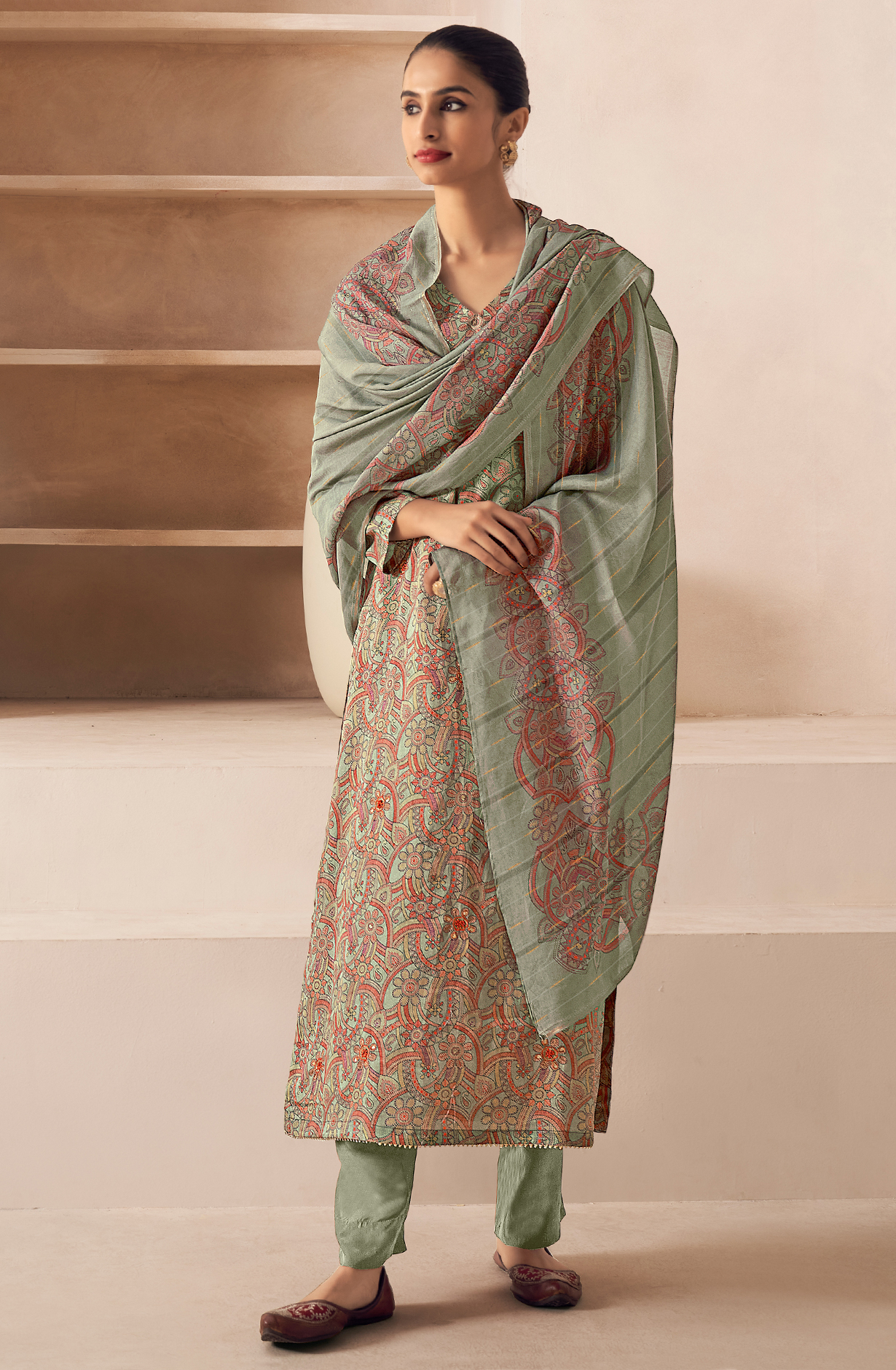 Pastel Green Cotton Unstitched Digital Printed Salwar Kameez - SAN465A