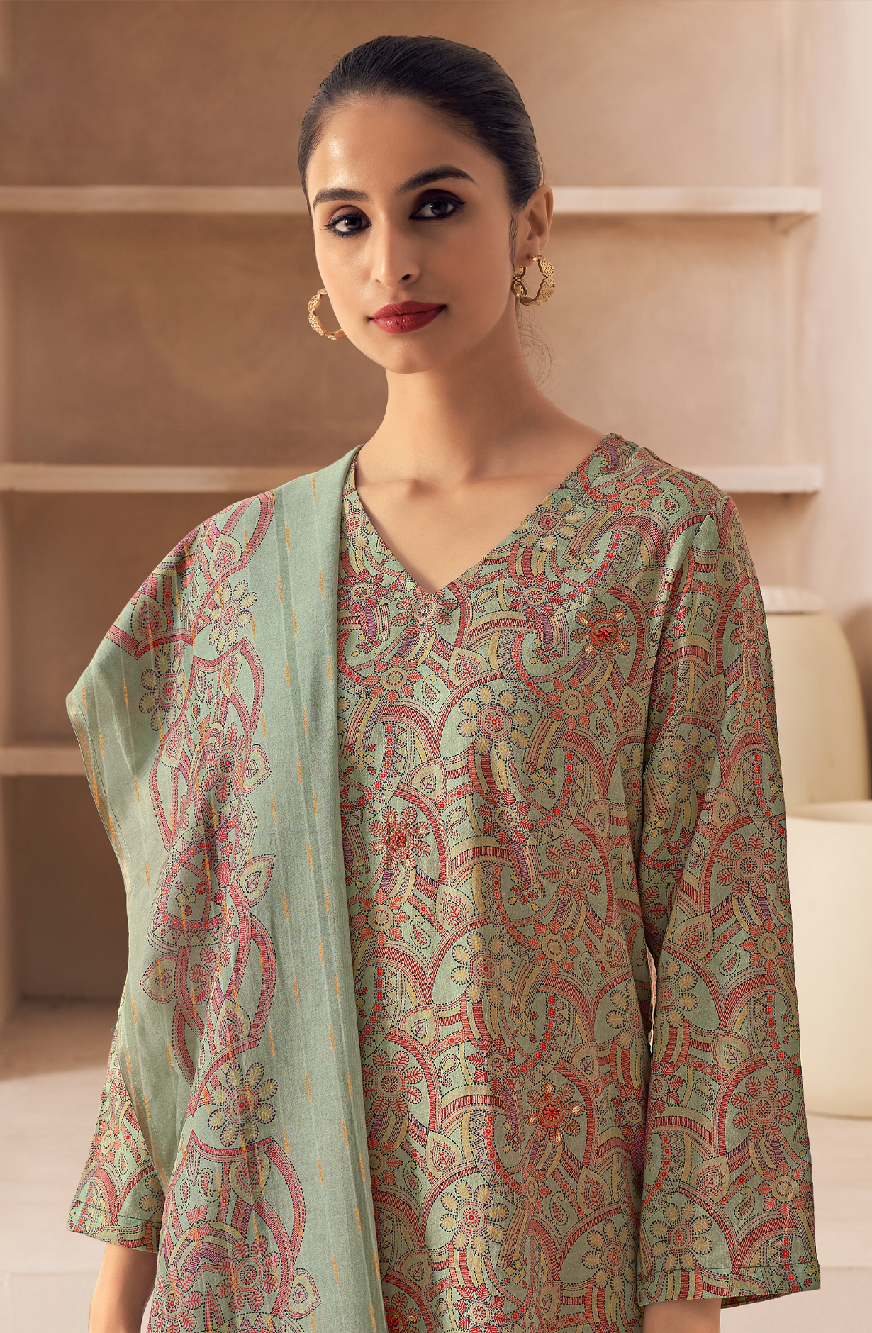 Pastel Green Cotton Unstitched Digital Printed Salwar Kameez - SAN465A