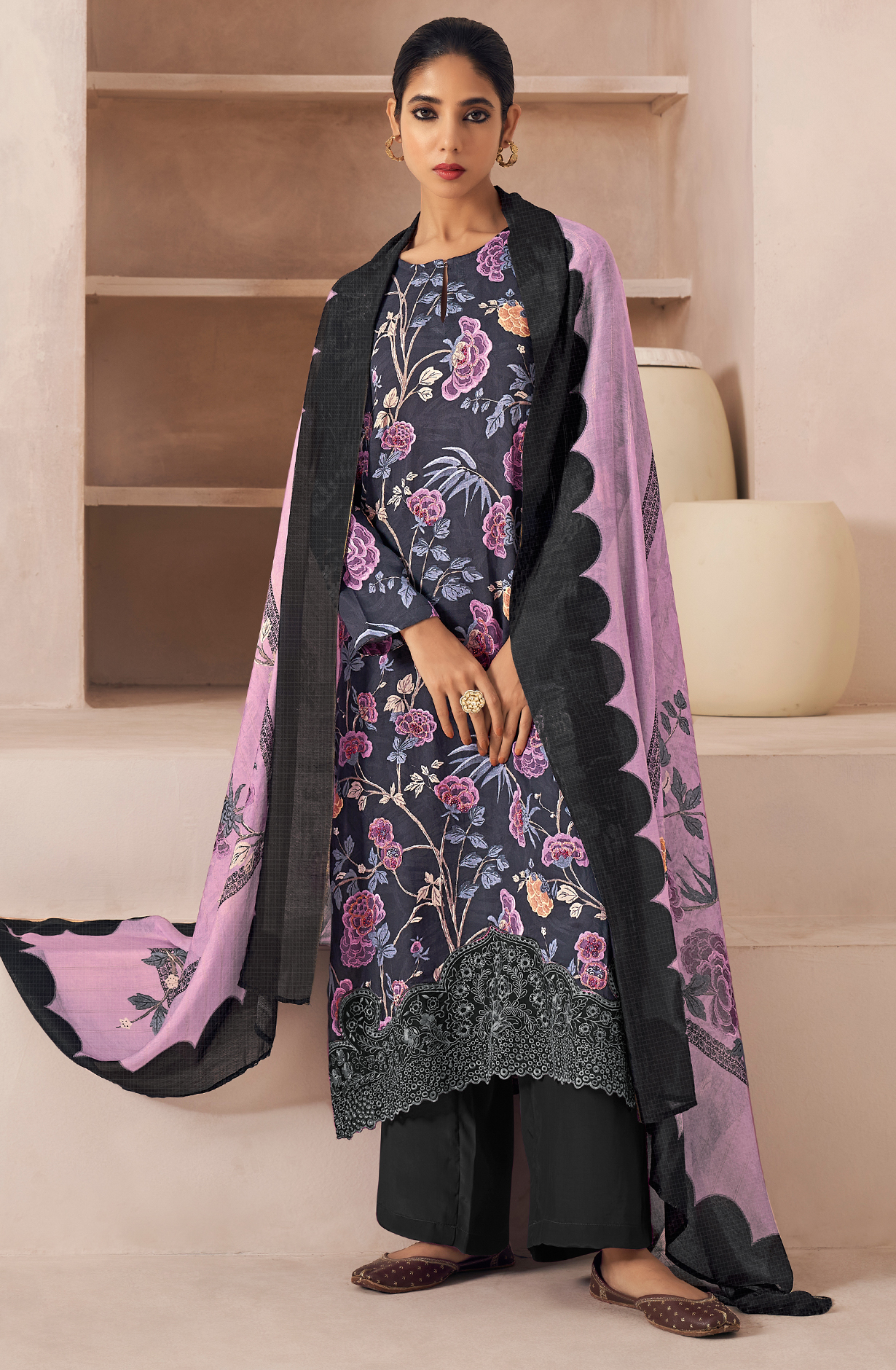 Black Cotton Unstitched Digital Printed Salwar Kameez - SAN566A