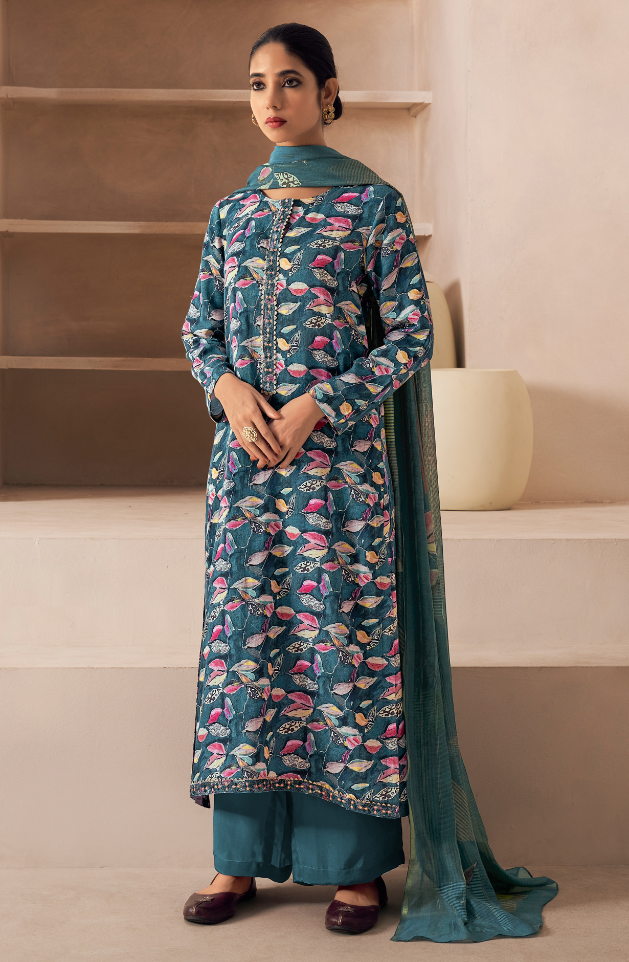 Teal Cotton Unstitched Digital Printed Salwar Kameez with Chiffon Dupatta - SAN864A