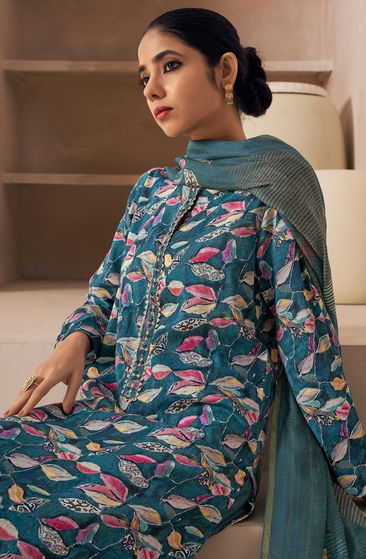 Teal Cotton Unstitched Digital Printed Salwar Kameez with Chiffon Dupatta - SAN864A
