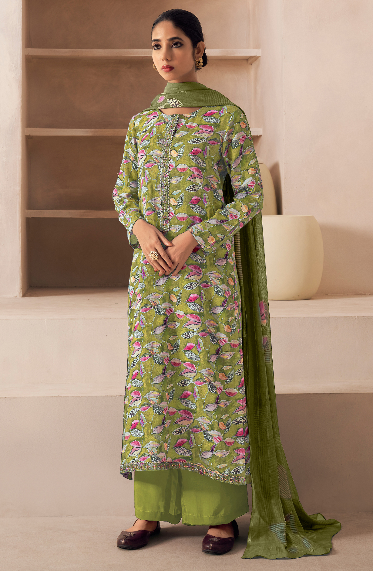 Mehndi Cotton Unstitched Digital Printed Salwar Kameez with Chiffon Dupatta - SAN864B