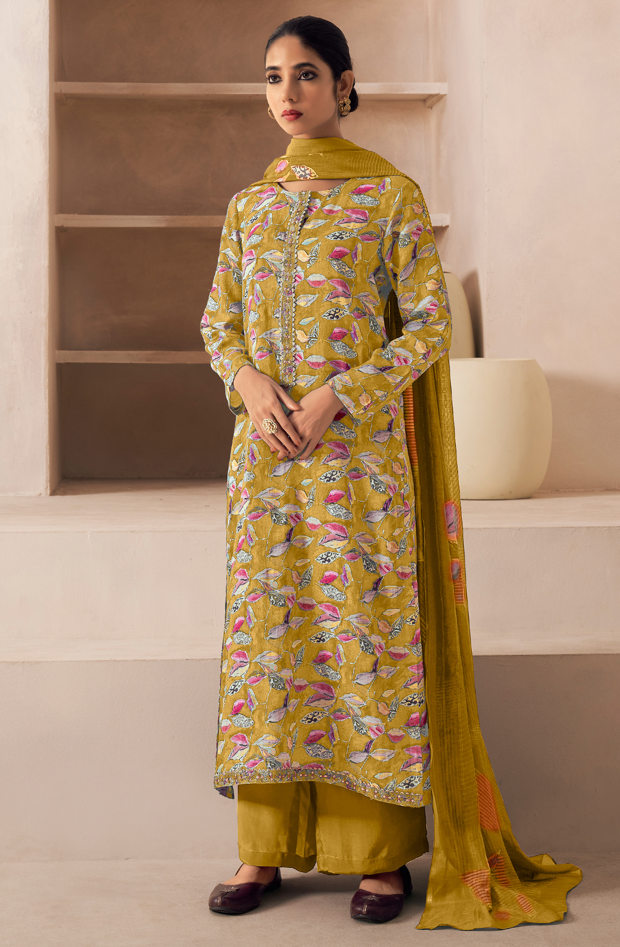 Mustard Yellow Cotton Unstitched Digital Printed Salwar Kameez with Chiffon Dupatta - SAN864D