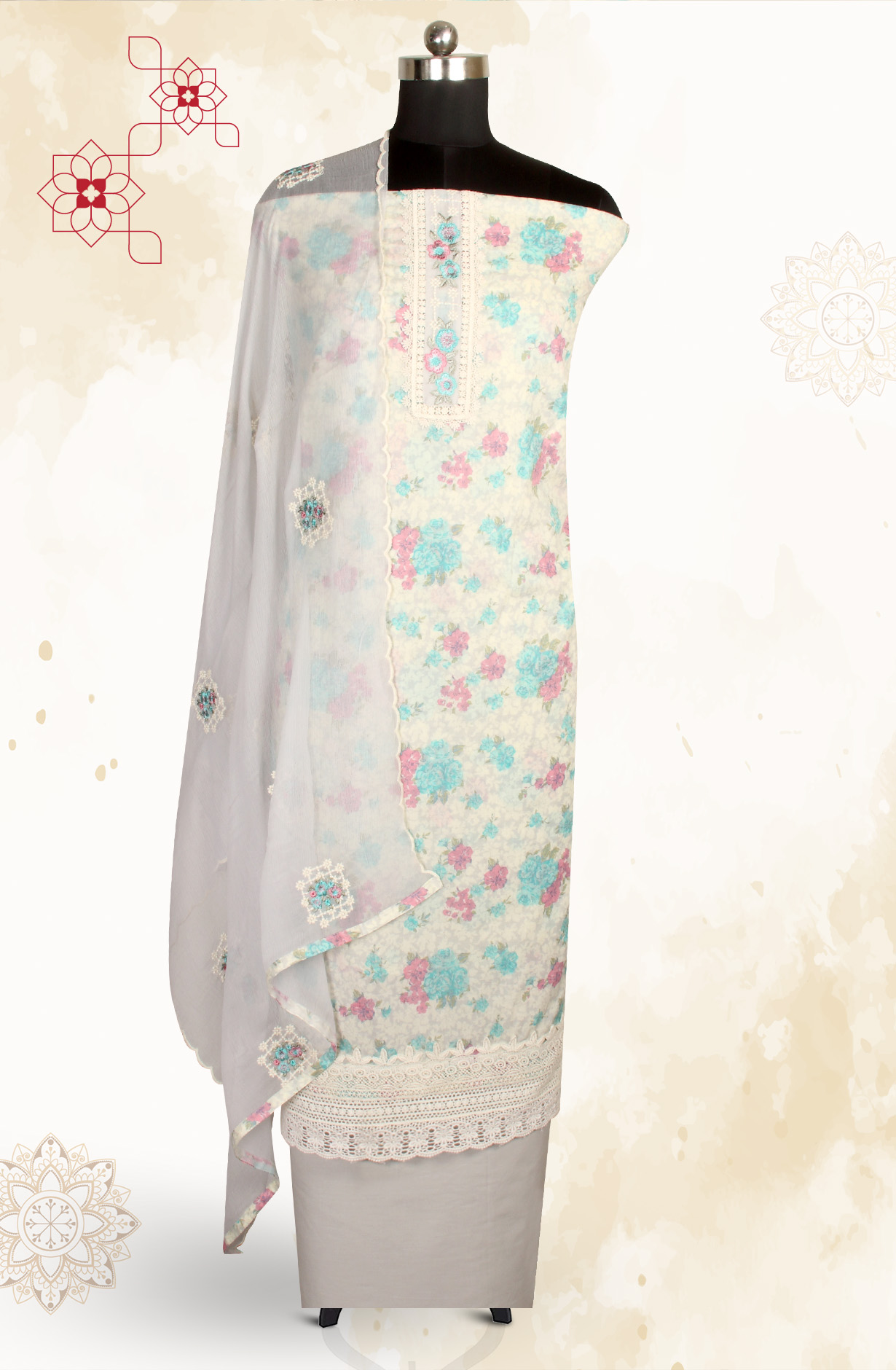 Multi-coloured Pure Cotton Digital Printed Salwar Kameez with Chiffon Dupatta - SANNPJ3257A