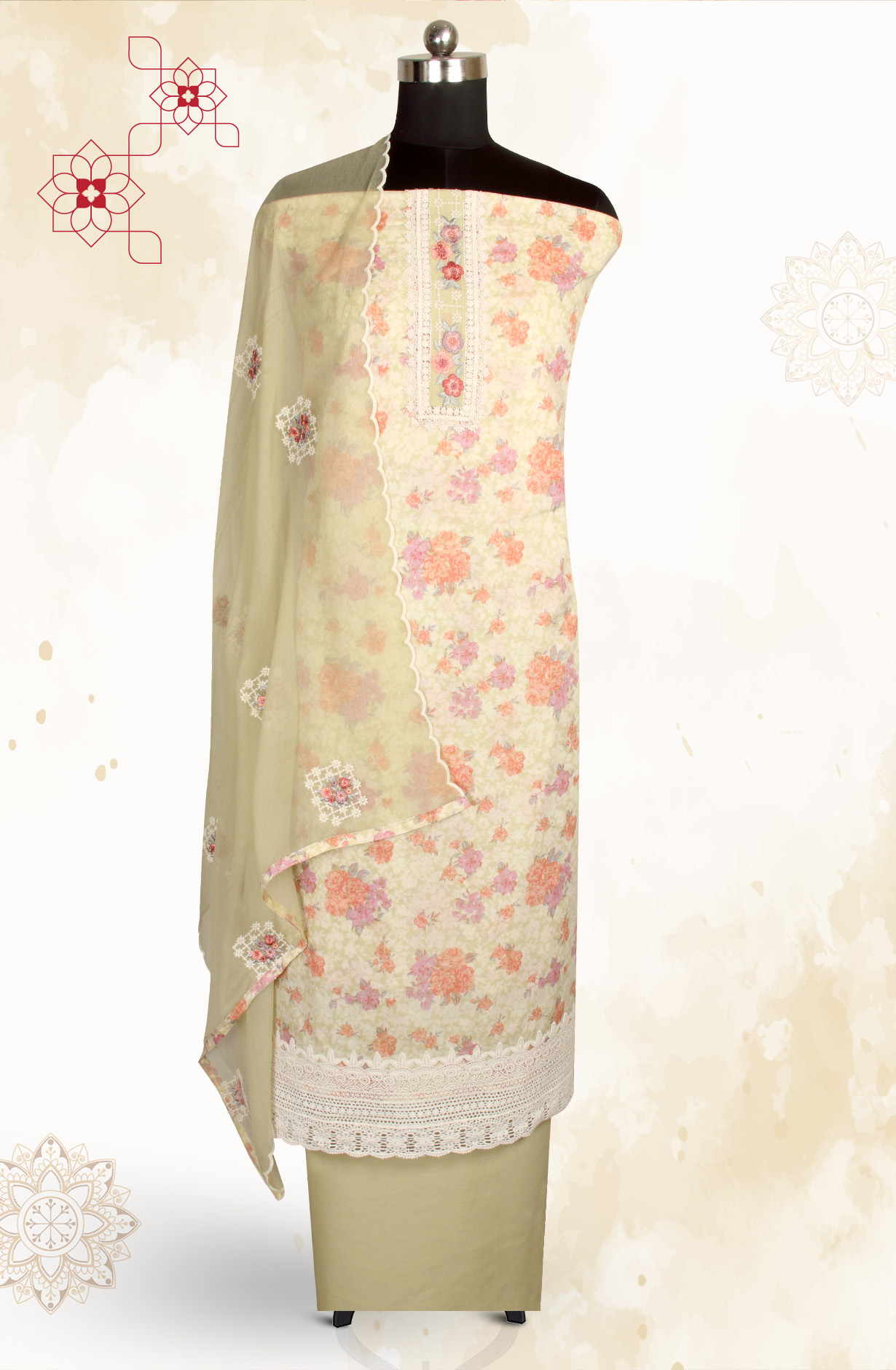 Multi-coloured Pure Cotton Digital Printed Salwar Kameez with Chiffon Dupatta - SANNPJ3257B