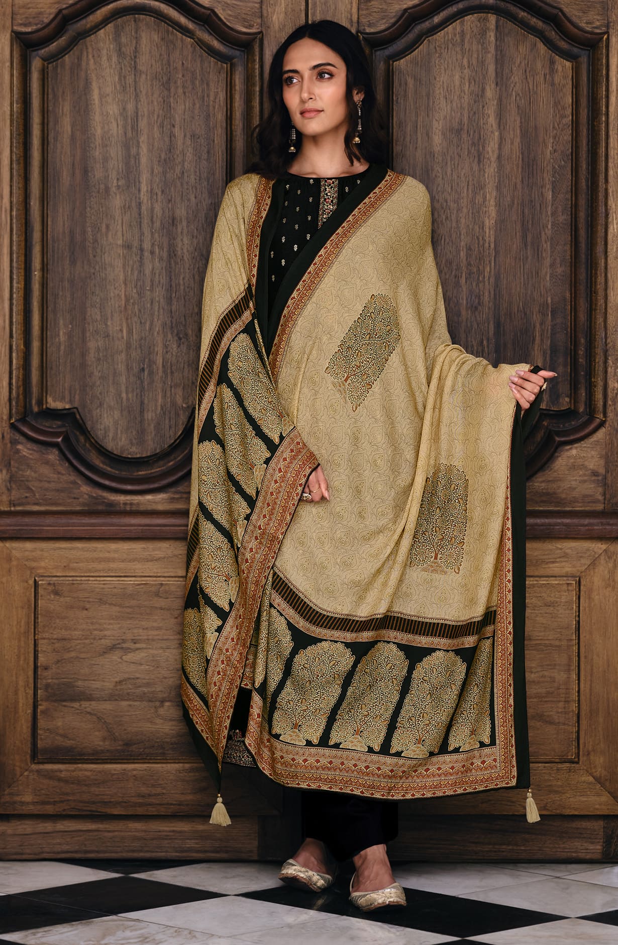 Black Chanderi Unstitched Salwar Kameez Suit-set - SANSJ-14