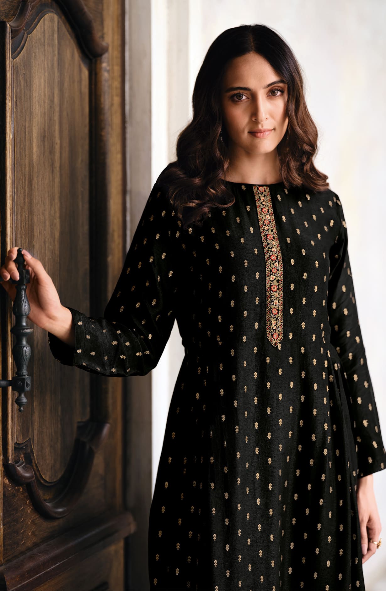 Black Chanderi Unstitched Salwar Kameez Suit-set - SANSJ-14