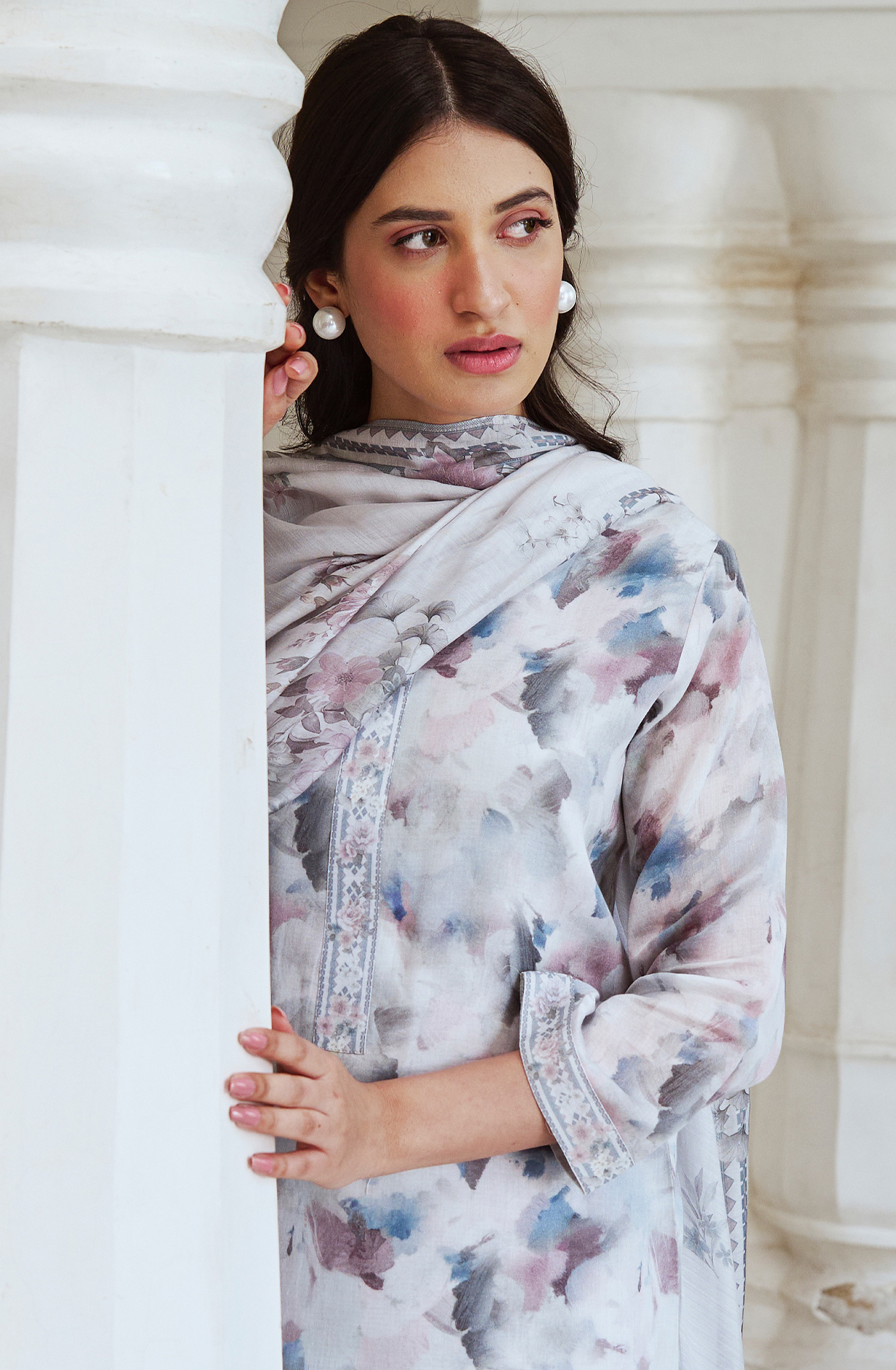 Grey Cotton Suit set with Digital Print with Muslin Dupatta - SAR2207B
