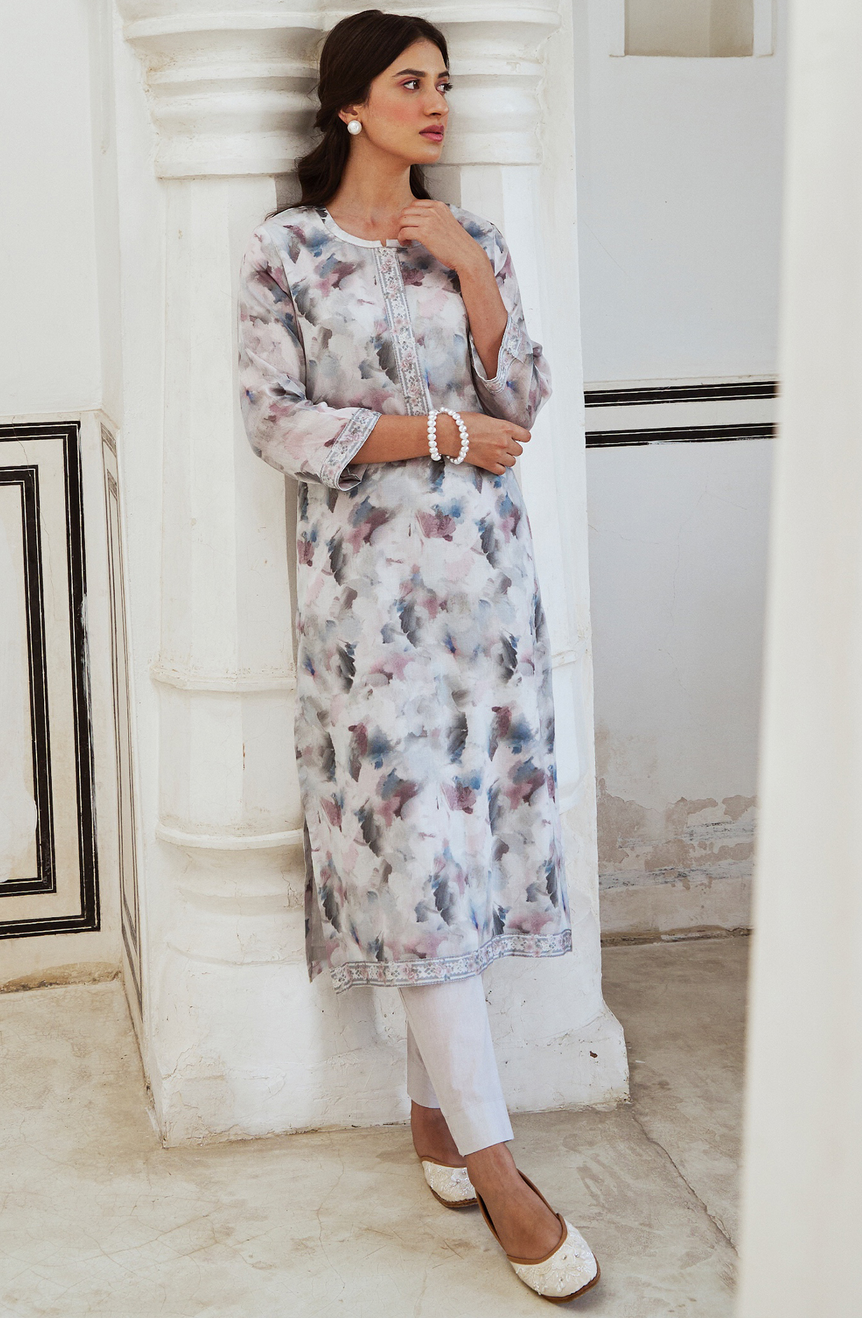 Grey Cotton Suit set with Digital Print with Muslin Dupatta - SAR2207B