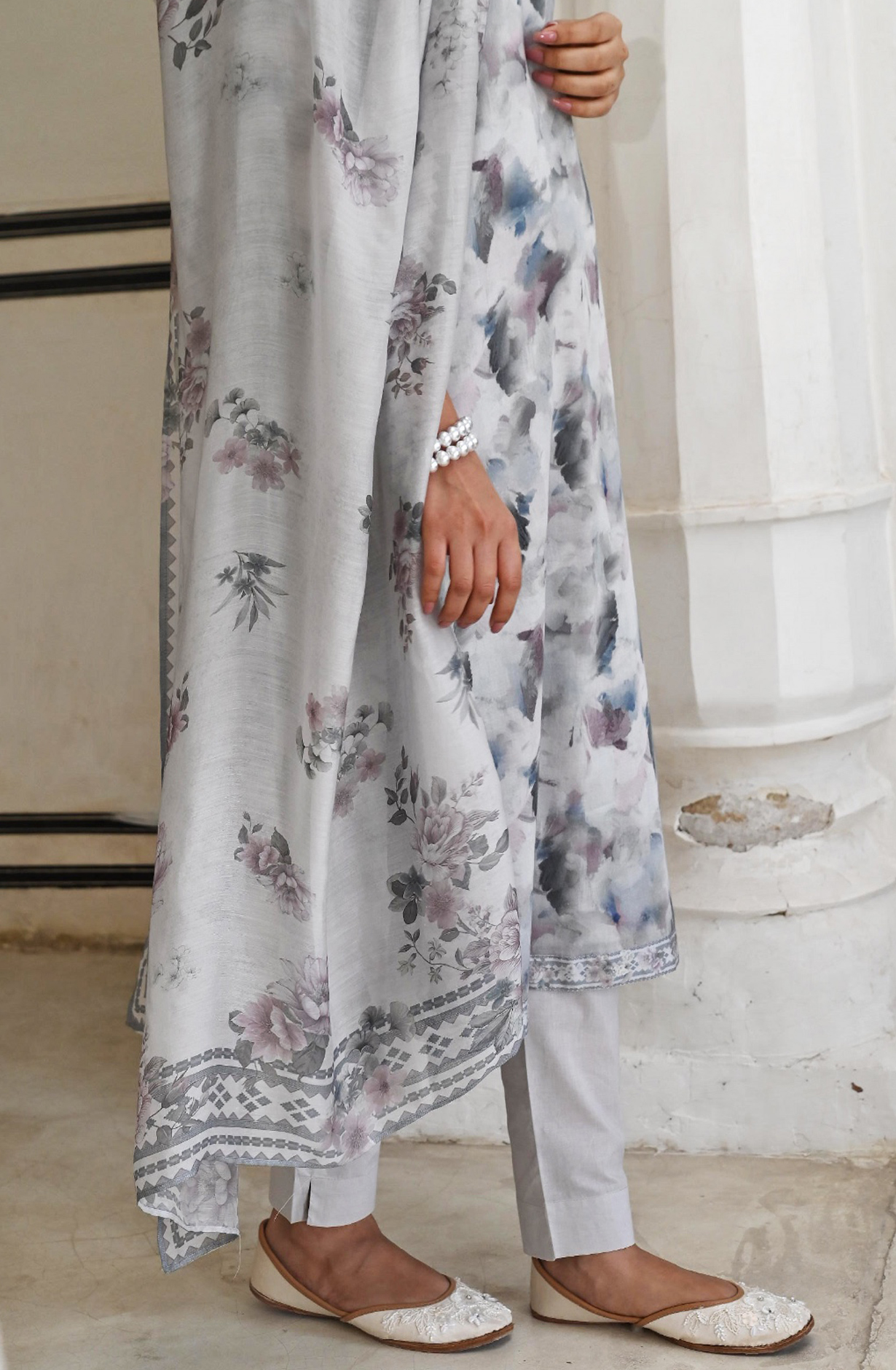 Grey Cotton Suit set with Digital Print with Muslin Dupatta - SAR2207B