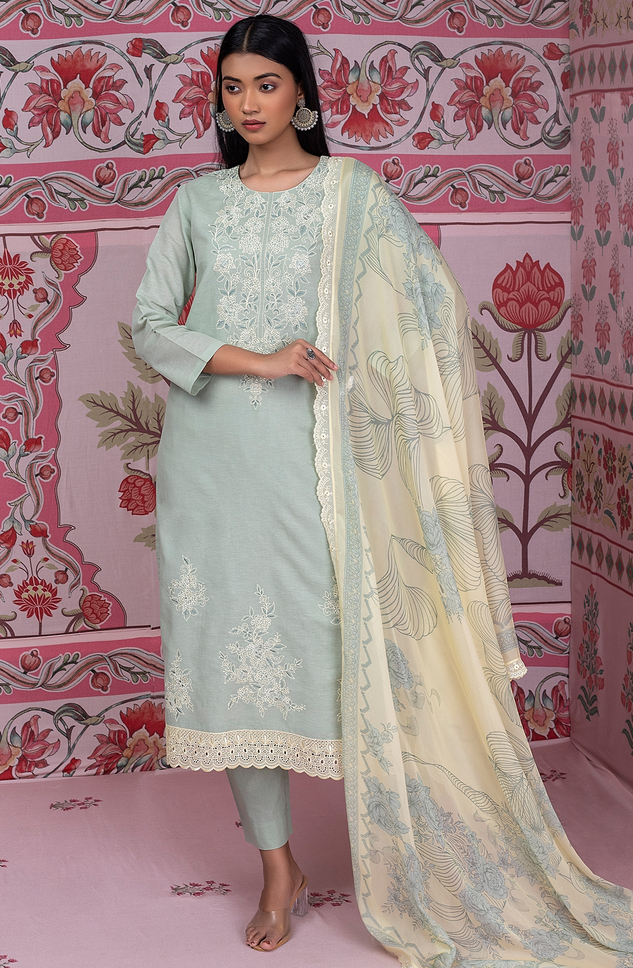 Green Pure Linen Unstitched Embroidered Suit with Organza Dupatta - SAS2177A