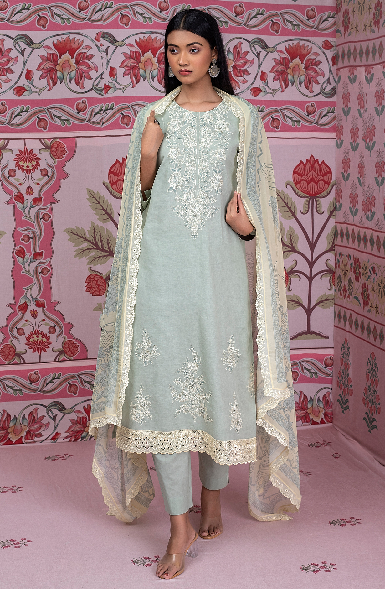 Green Pure Linen Unstitched Embroidered Suit with Organza Dupatta - SAS2177A