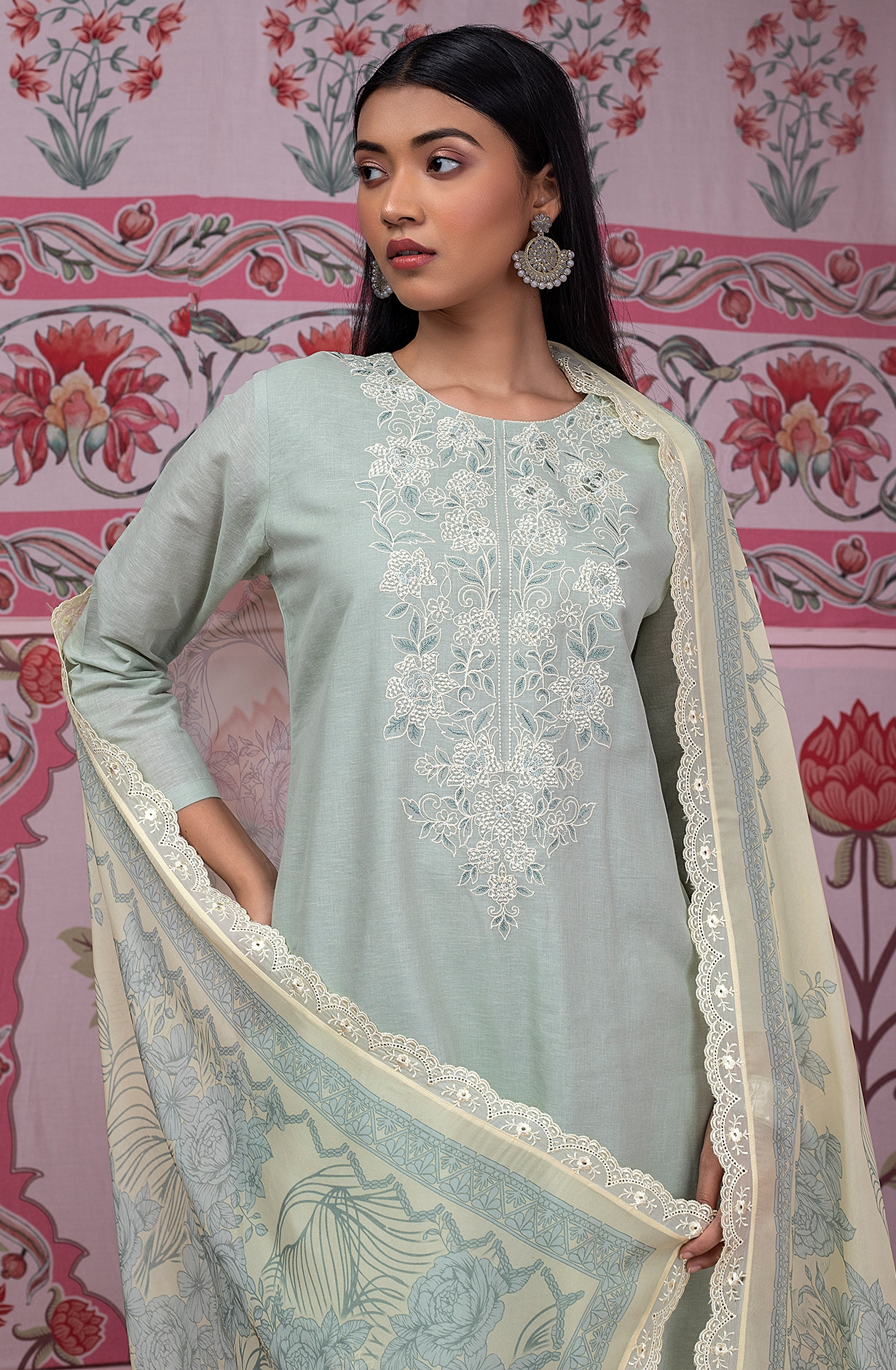 Green Pure Linen Unstitched Embroidered Suit with Organza Dupatta - SAS2177A