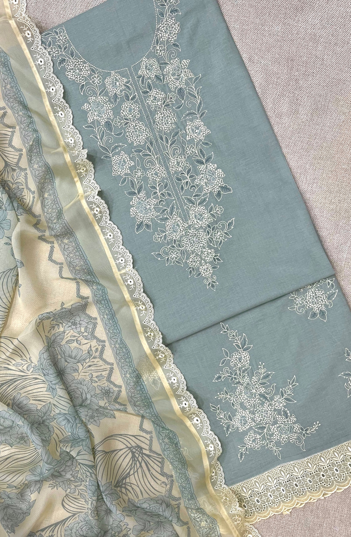 Green Pure Linen Unstitched Embroidered Suit with Organza Dupatta - SAS2177A