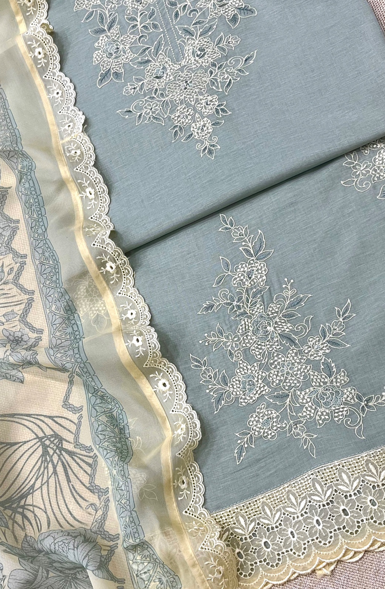 Green Pure Linen Unstitched Embroidered Suit with Organza Dupatta - SAS2177A