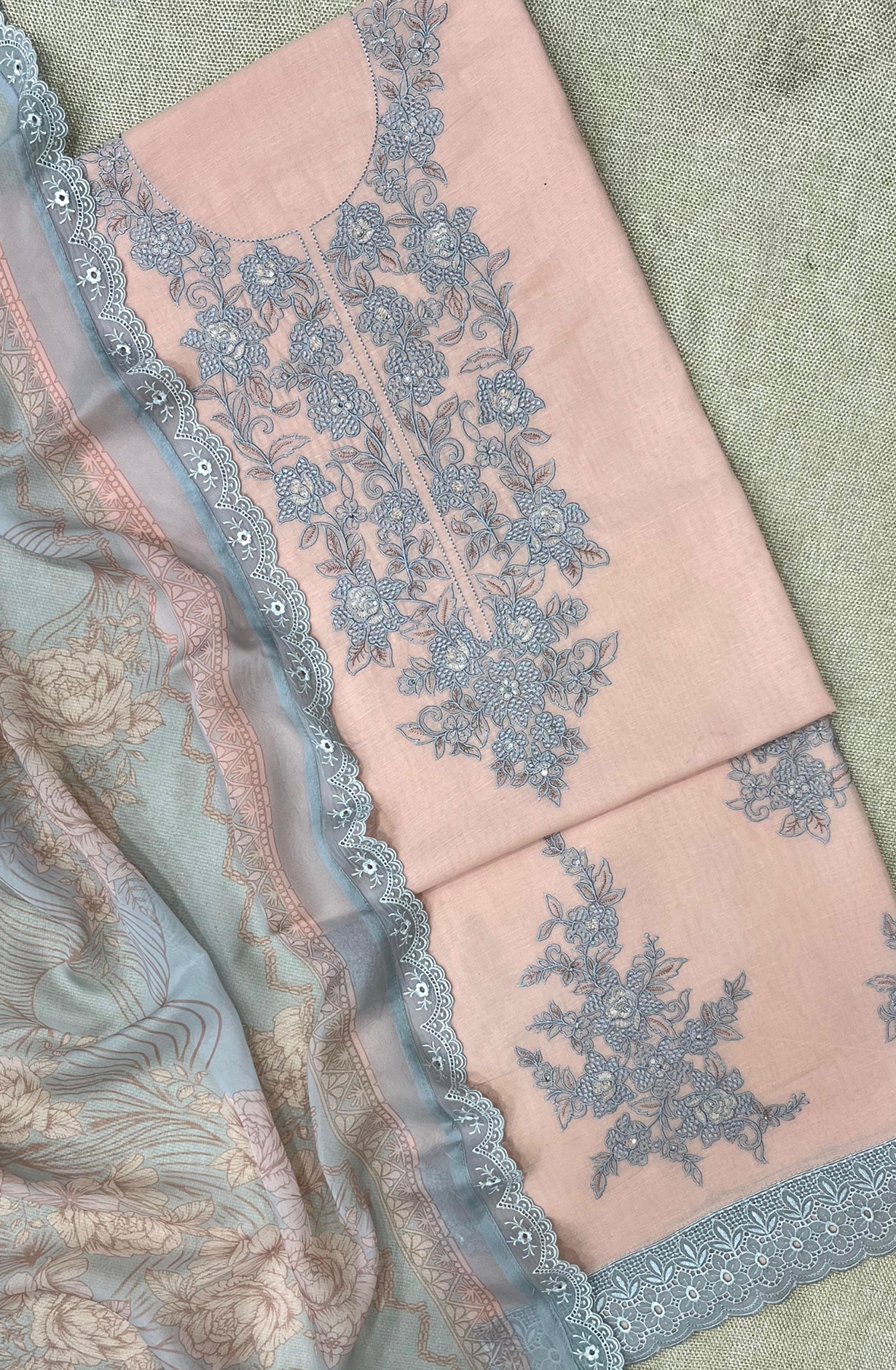 Orange Pure Linen Unstitched Embroidered Suit with Organza Dupatta - SAS2177B