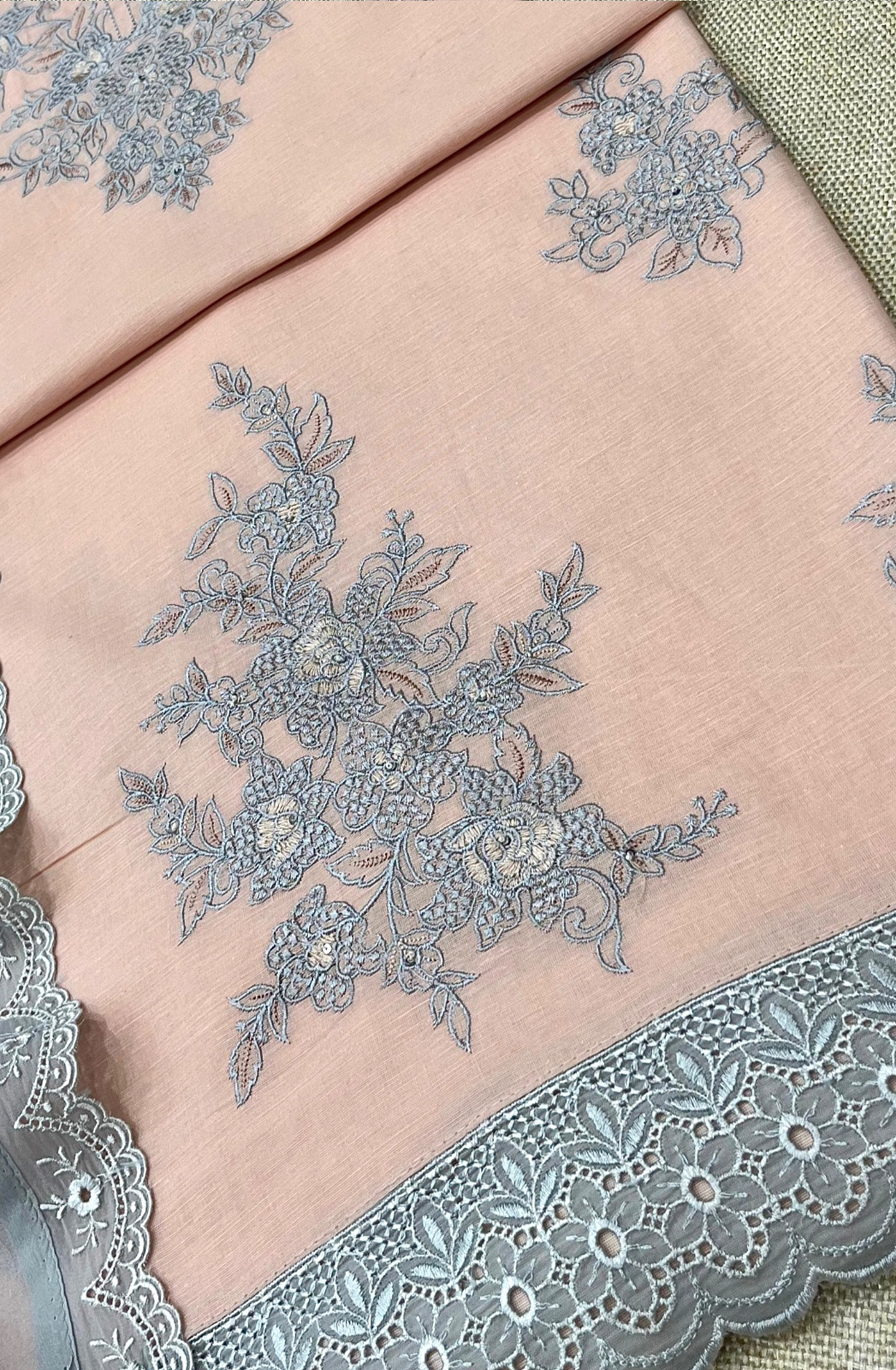 Orange Pure Linen Unstitched Embroidered Suit with Organza Dupatta - SAS2177B