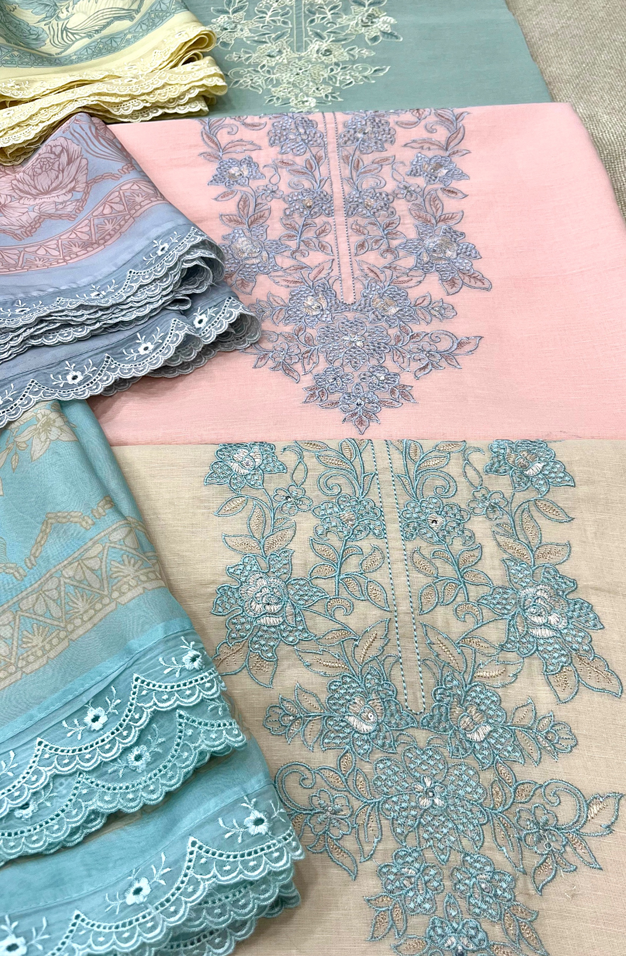 Orange Pure Linen Unstitched Embroidered Suit with Organza Dupatta - SAS2177B