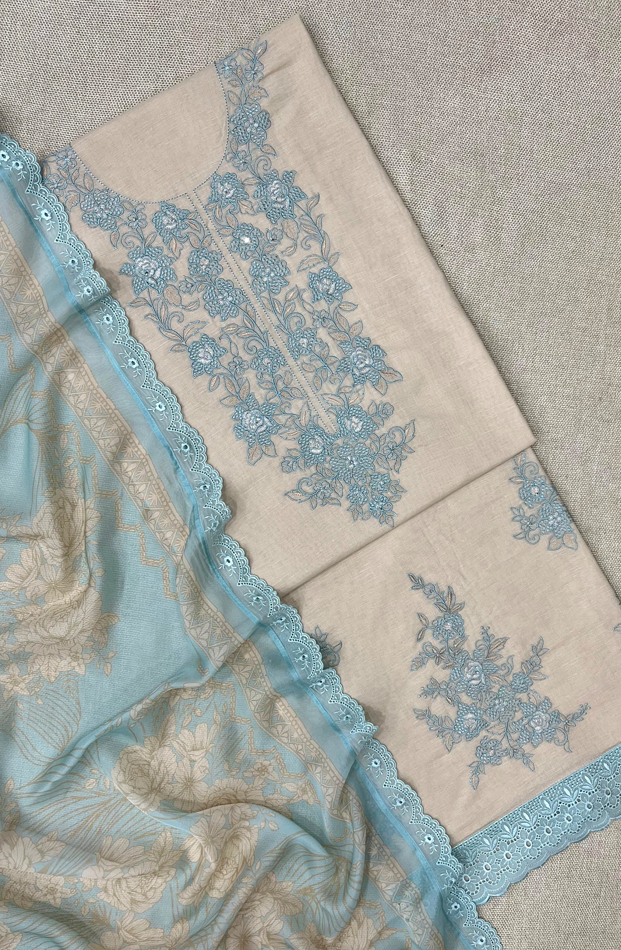 Fawn Pure Linen Unstitched Embroidered Suit with Organza Dupatta - SAS2177C