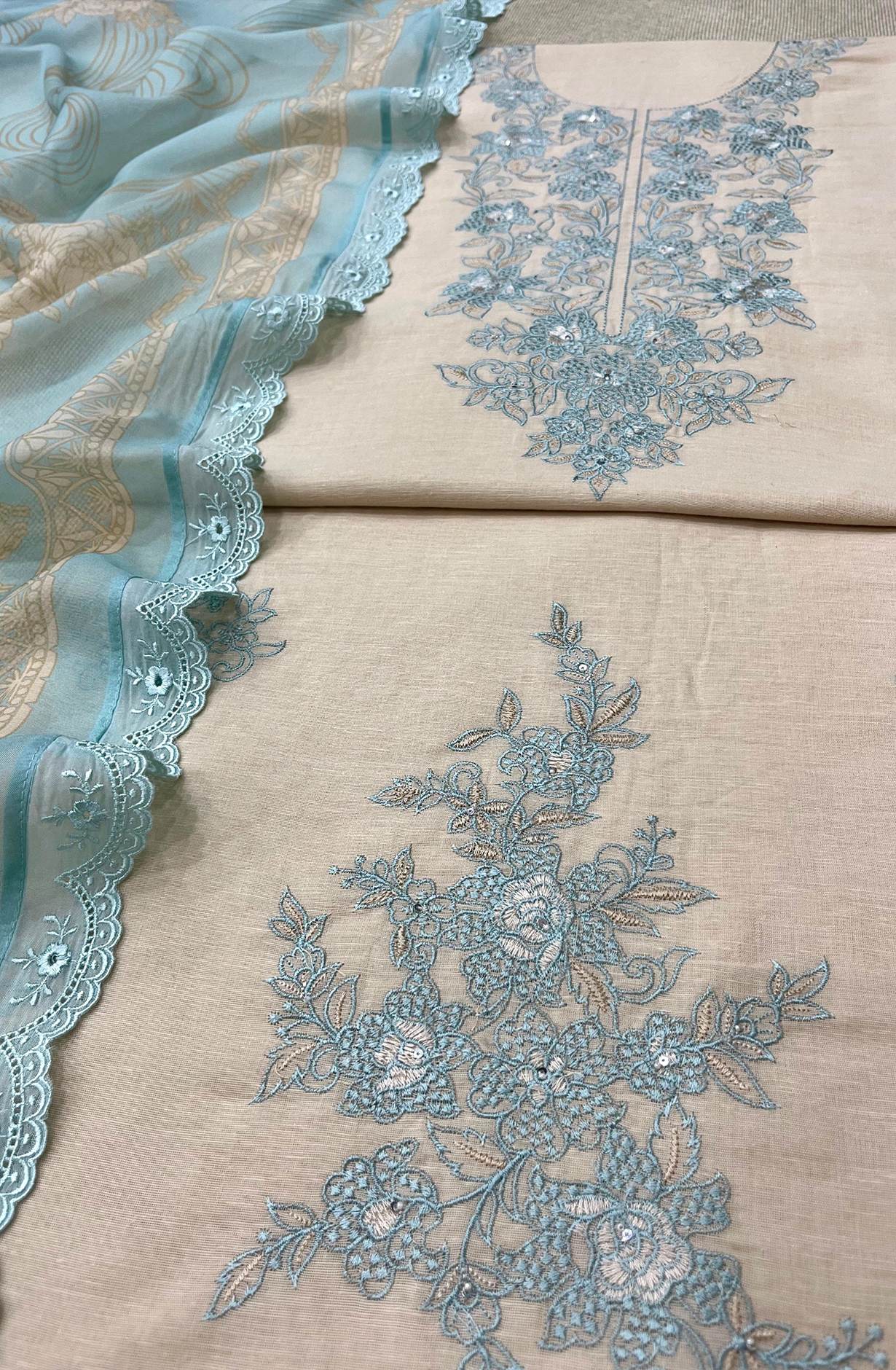 Fawn Pure Linen Unstitched Embroidered Suit with Organza Dupatta - SAS2177C