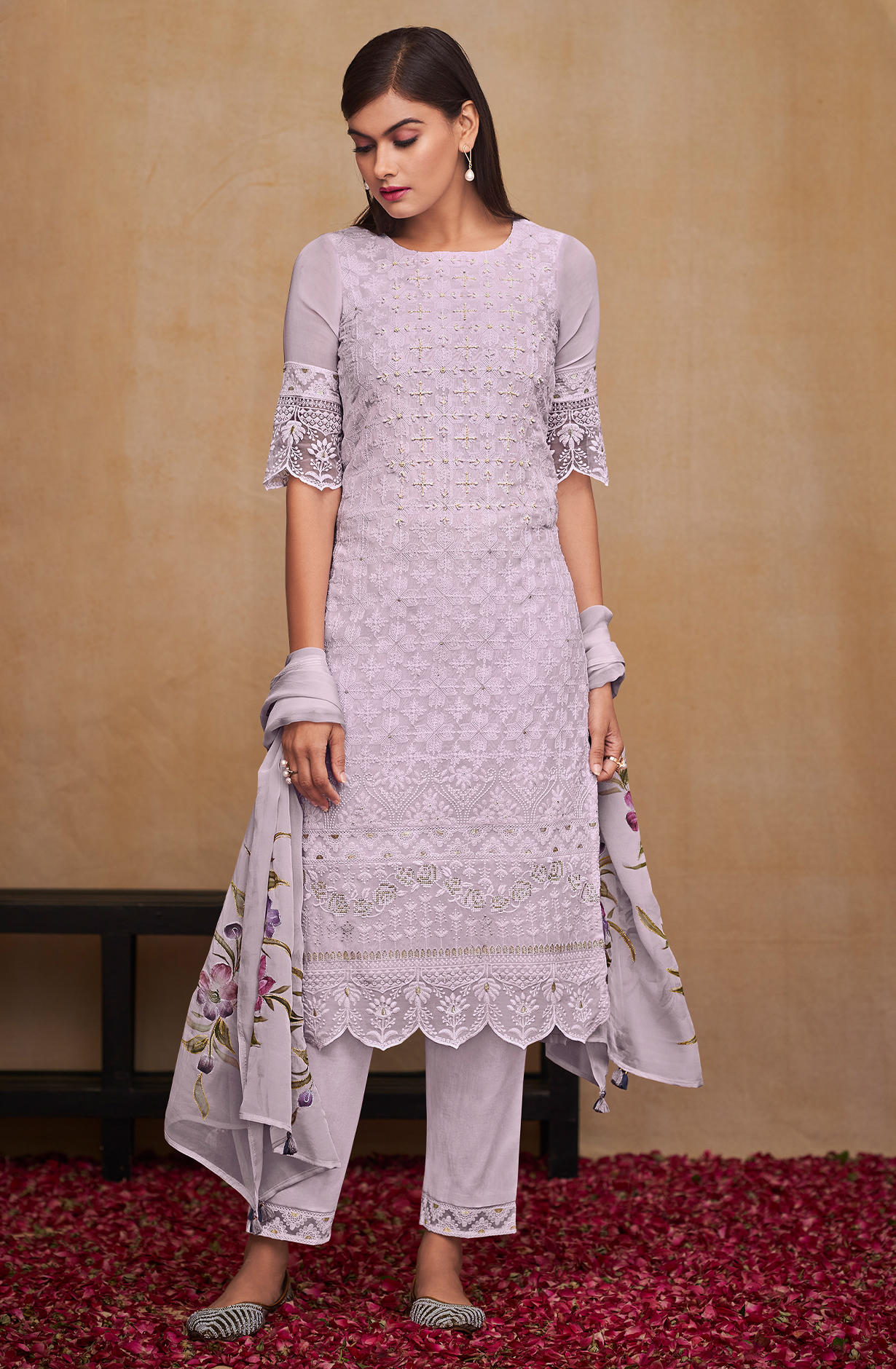 Lavender Georgette Beautiful Unstitched Chikankari Embroidered Suit with Organza Dupatta - SAU8421