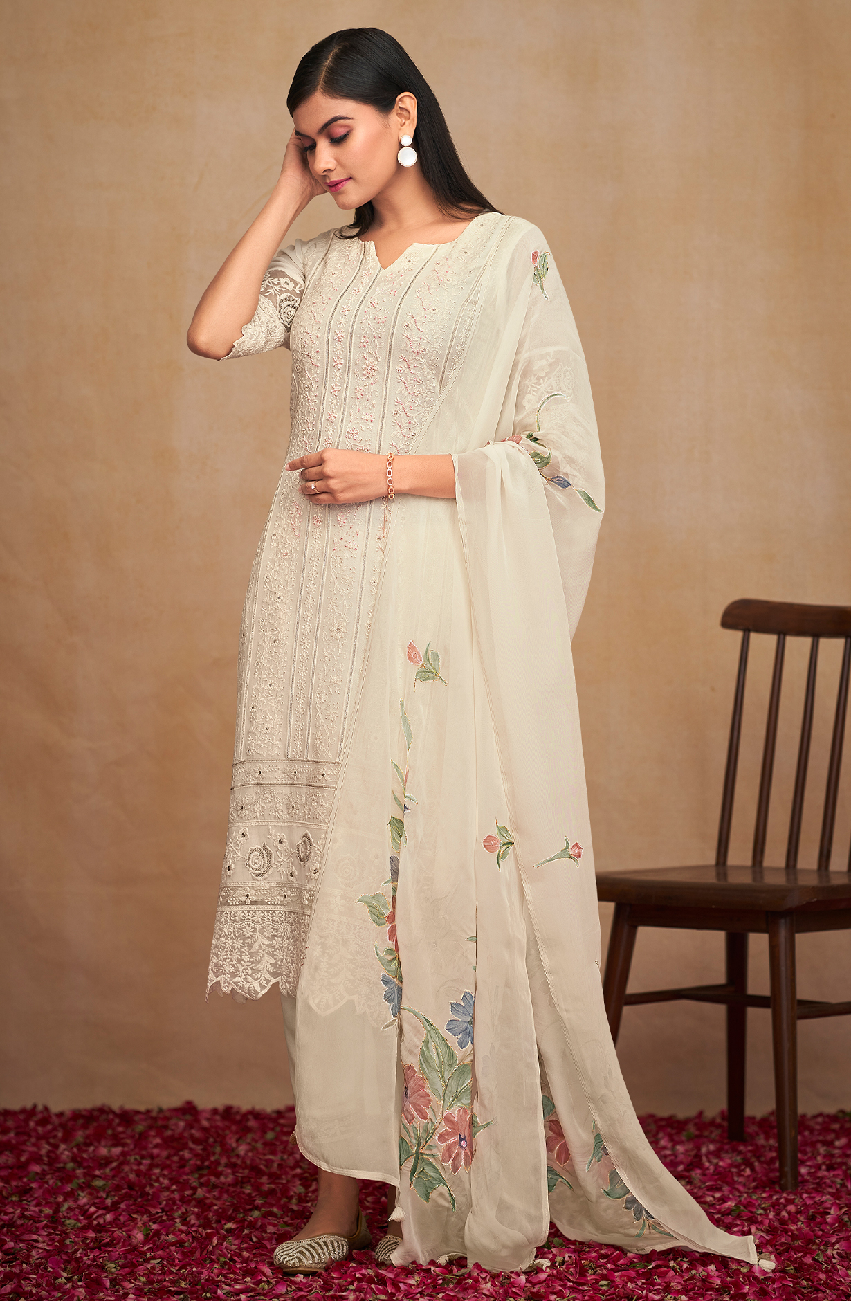 Cream Georgette Beautiful Unstitched Chikankari Embroidered Suit with Organza Dupatta - SAU8422