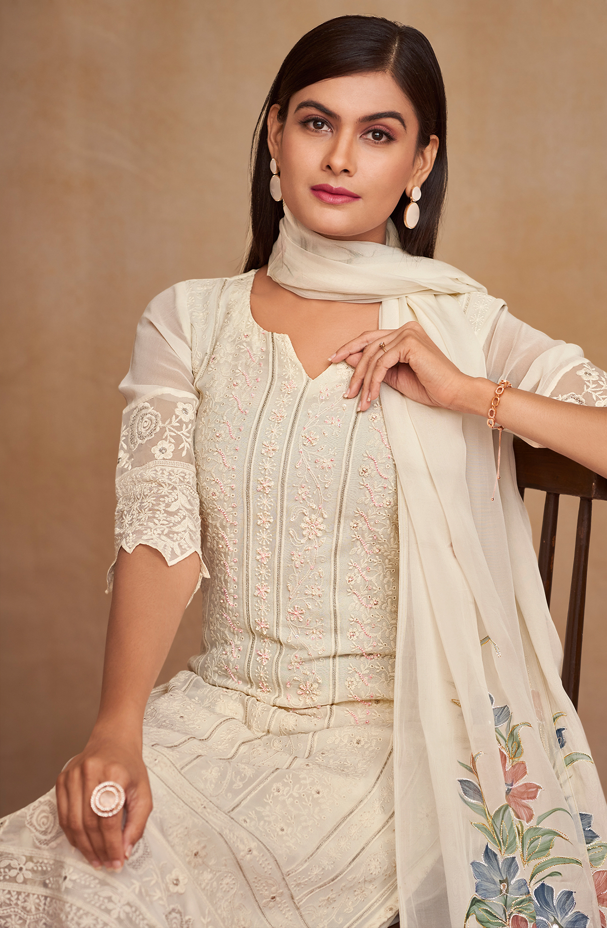 Cream Georgette Beautiful Unstitched Chikankari Embroidered Suit with Organza Dupatta - SAU8422
