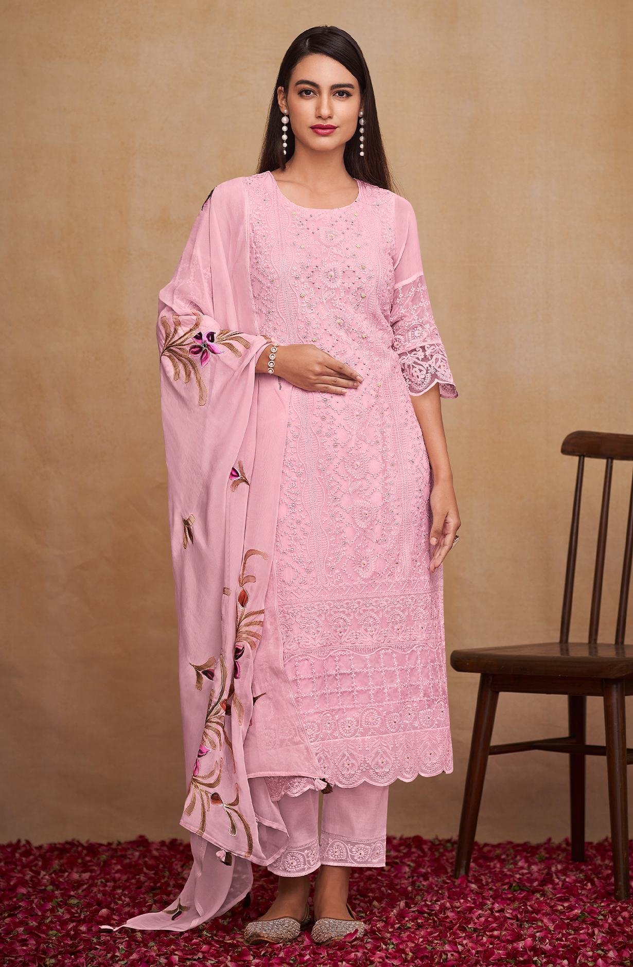 Baby Pink Georgette Beautiful Unstitched Chikankari Embroidery Suit with Organza Dupatta - SAU8423