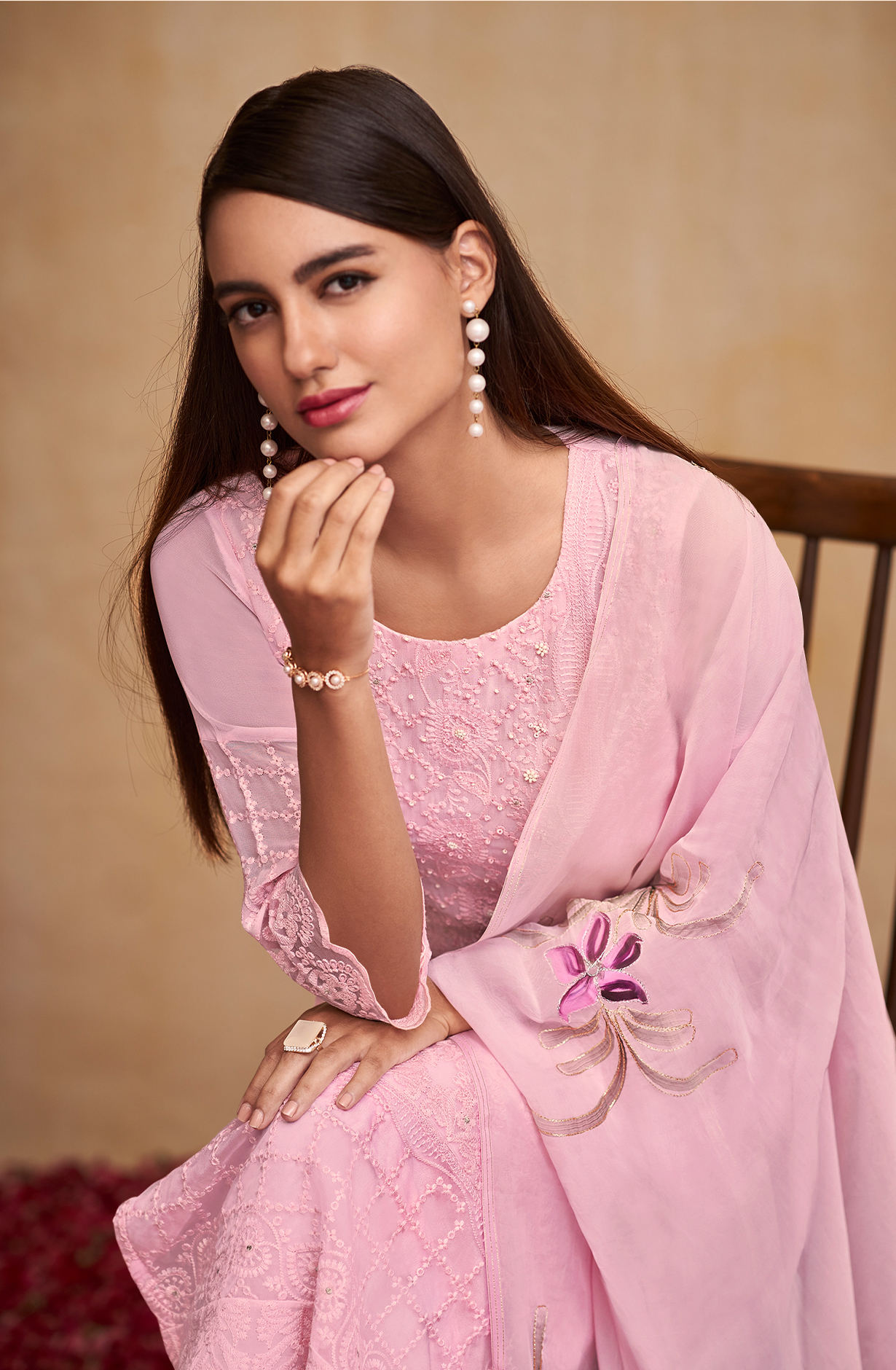 Baby Pink Georgette Beautiful Unstitched Chikankari Embroidery Suit with Organza Dupatta - SAU8423
