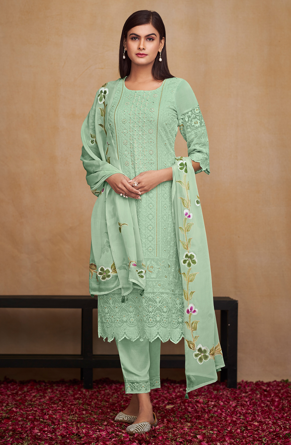 Pista Green Georgette Beautiful Unstitched Chikankari Embroidery Suit with Organza Dupatta - SAU8424