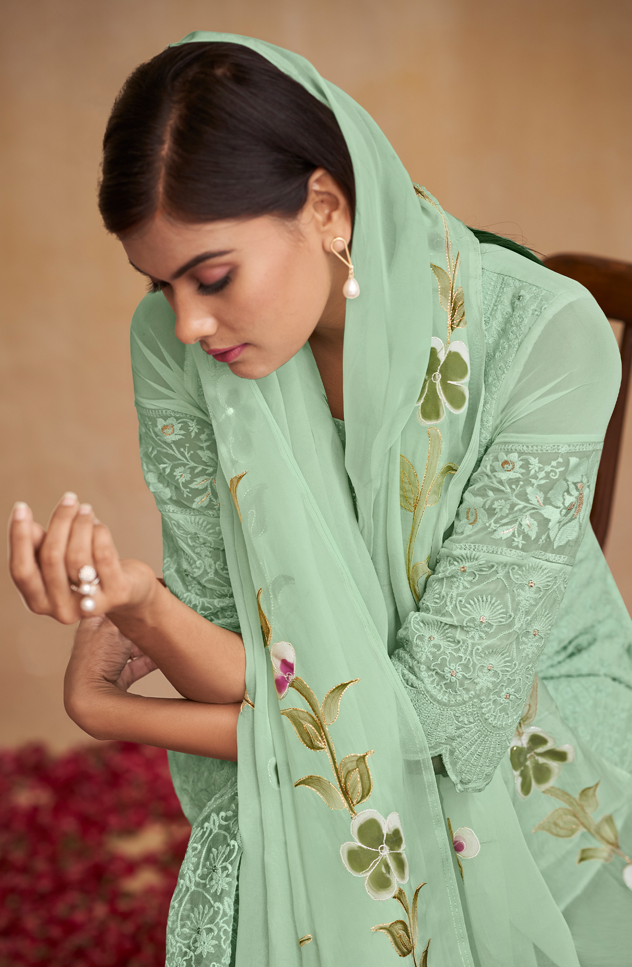 Pista Green Georgette Beautiful Unstitched Chikankari Embroidery Suit with Organza Dupatta - SAU8424