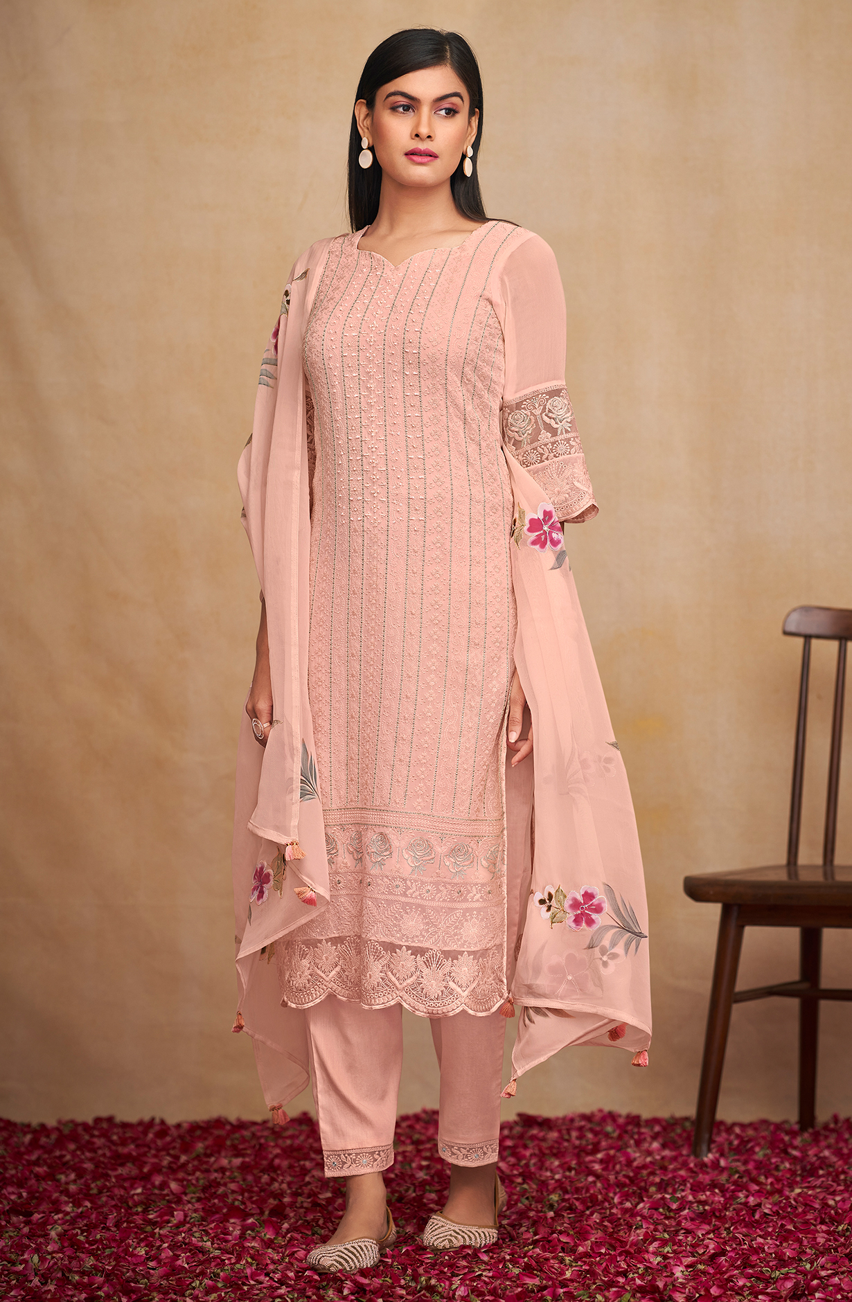 Peach Georgette Beautiful Unstitched Chikankari Embroidery Suit with Organza Dupatta - SAU8425